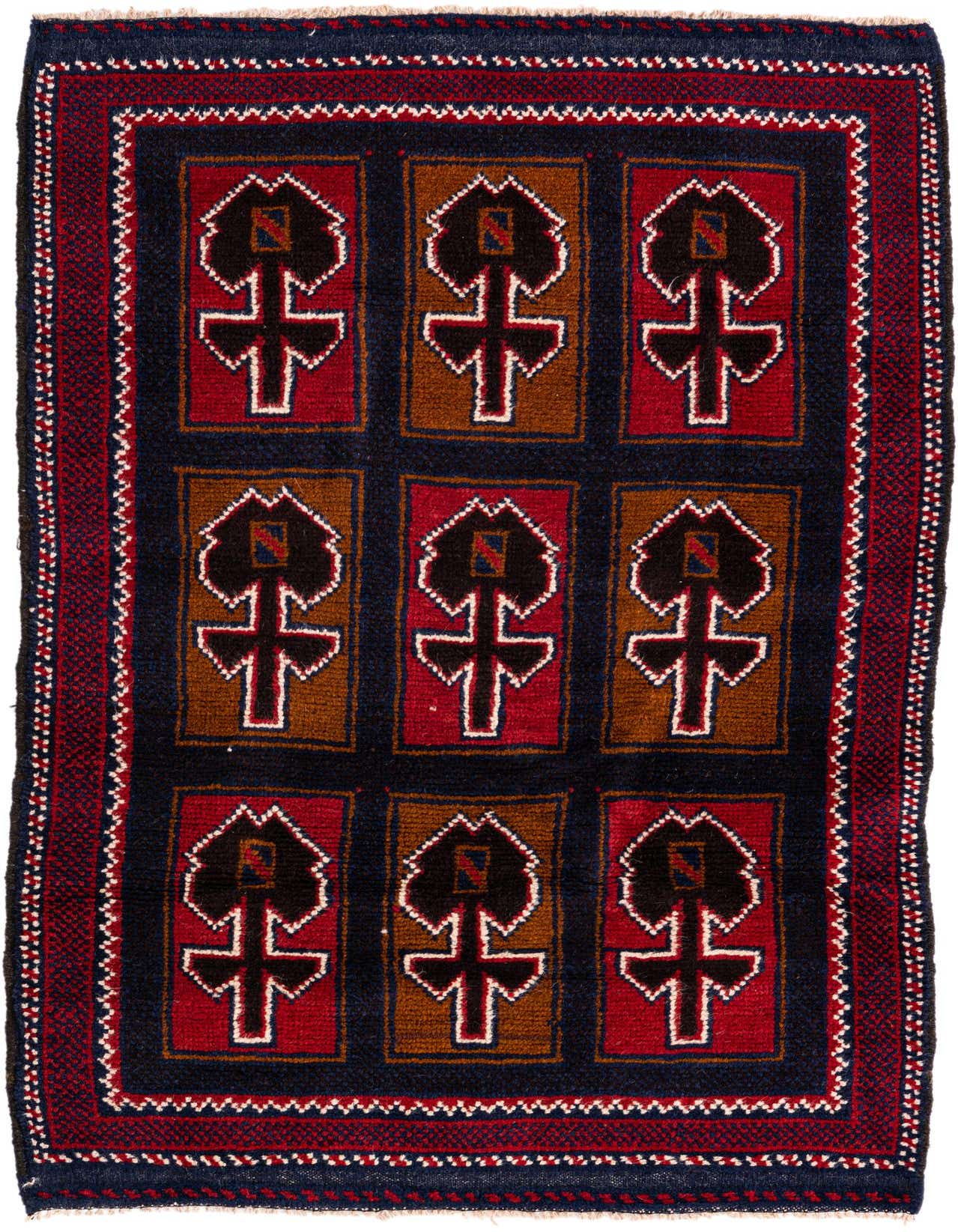 A 3x5 rectangular Balouch rug with a navy blue field and a traditional tribal pattern of alternating red and brown squares, each containing a stylized black and white motif.
