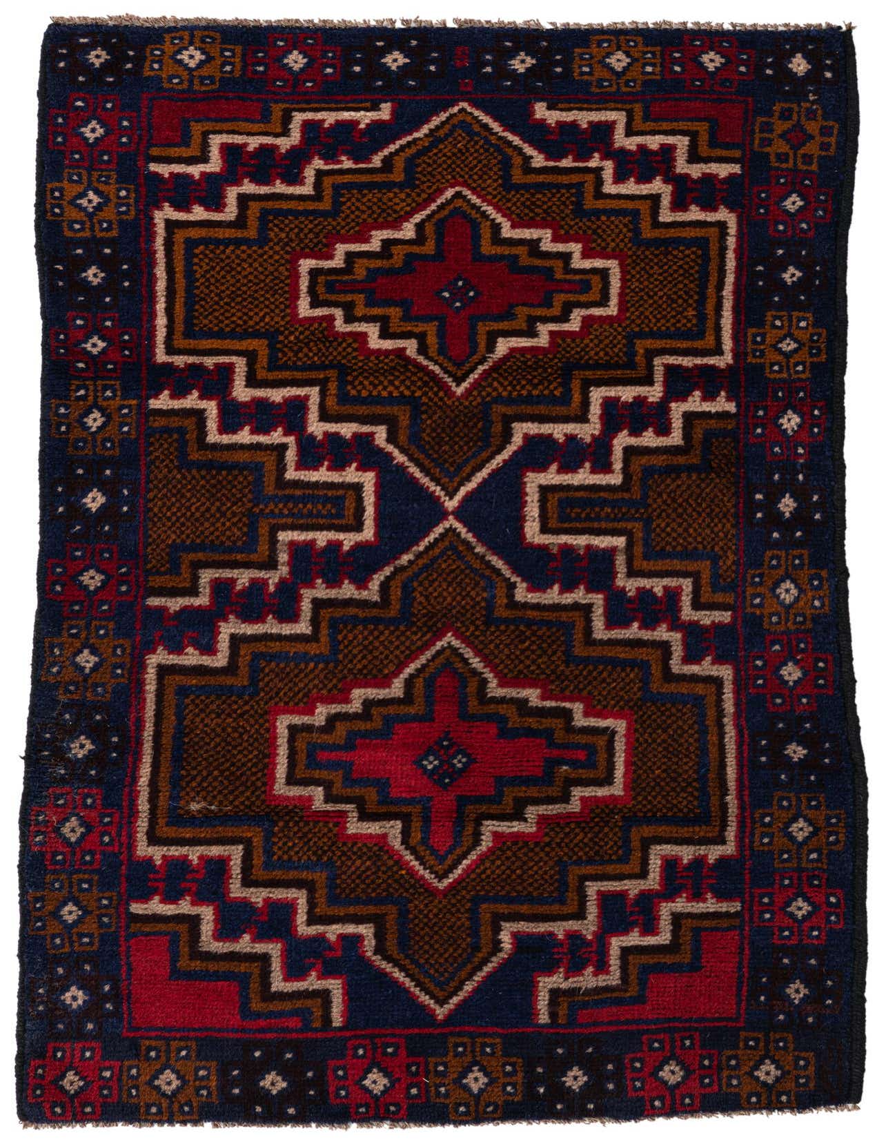A 3x4 rectangular Balouch rug featuring a traditional tribal medallion pattern in rich navy blue, deep red, and earthy brown tones.