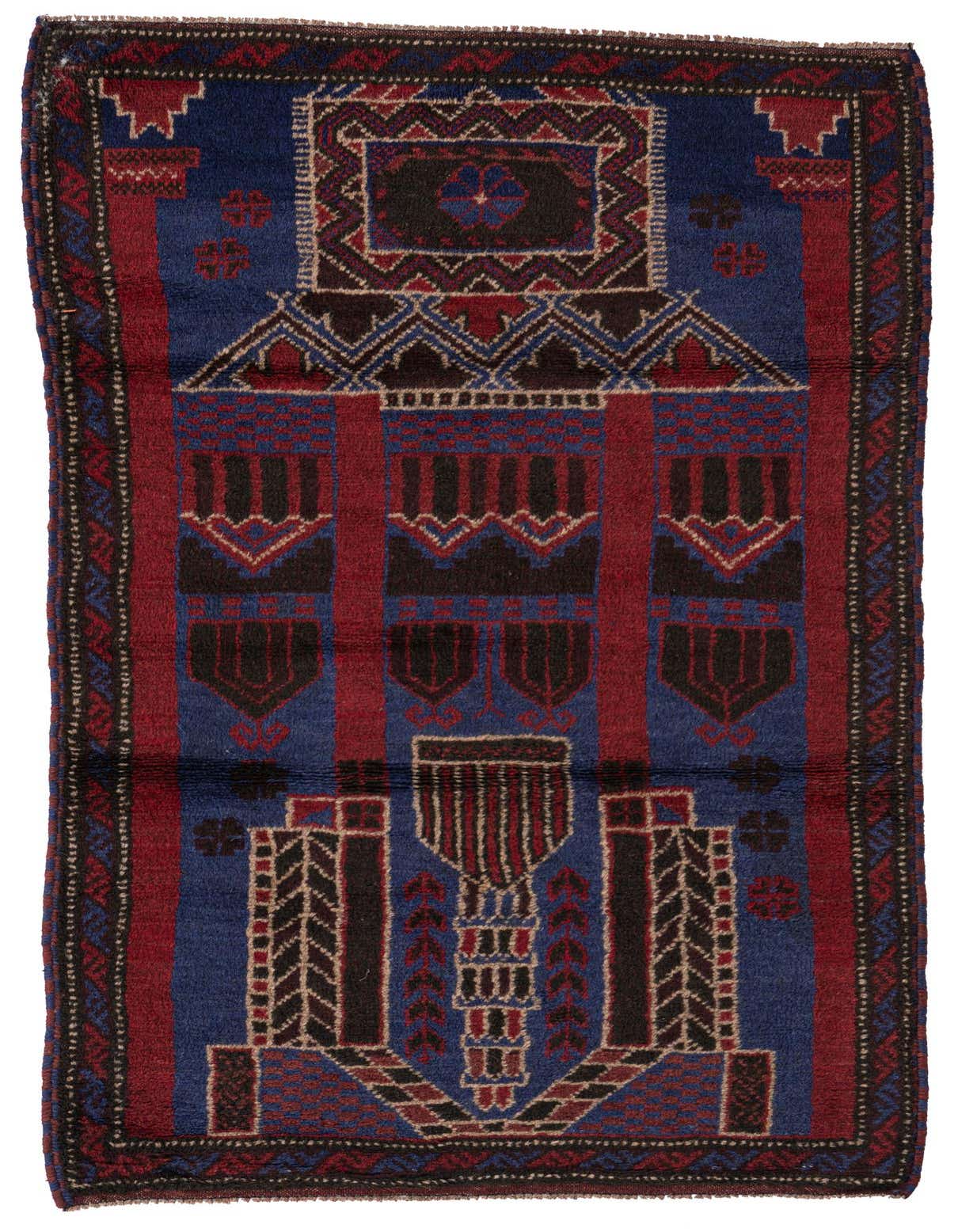 A 3x5 rectangular Balouch rug in deep blues and reds with intricate traditional tribal patterns, ideal for an entryway or kitchen.