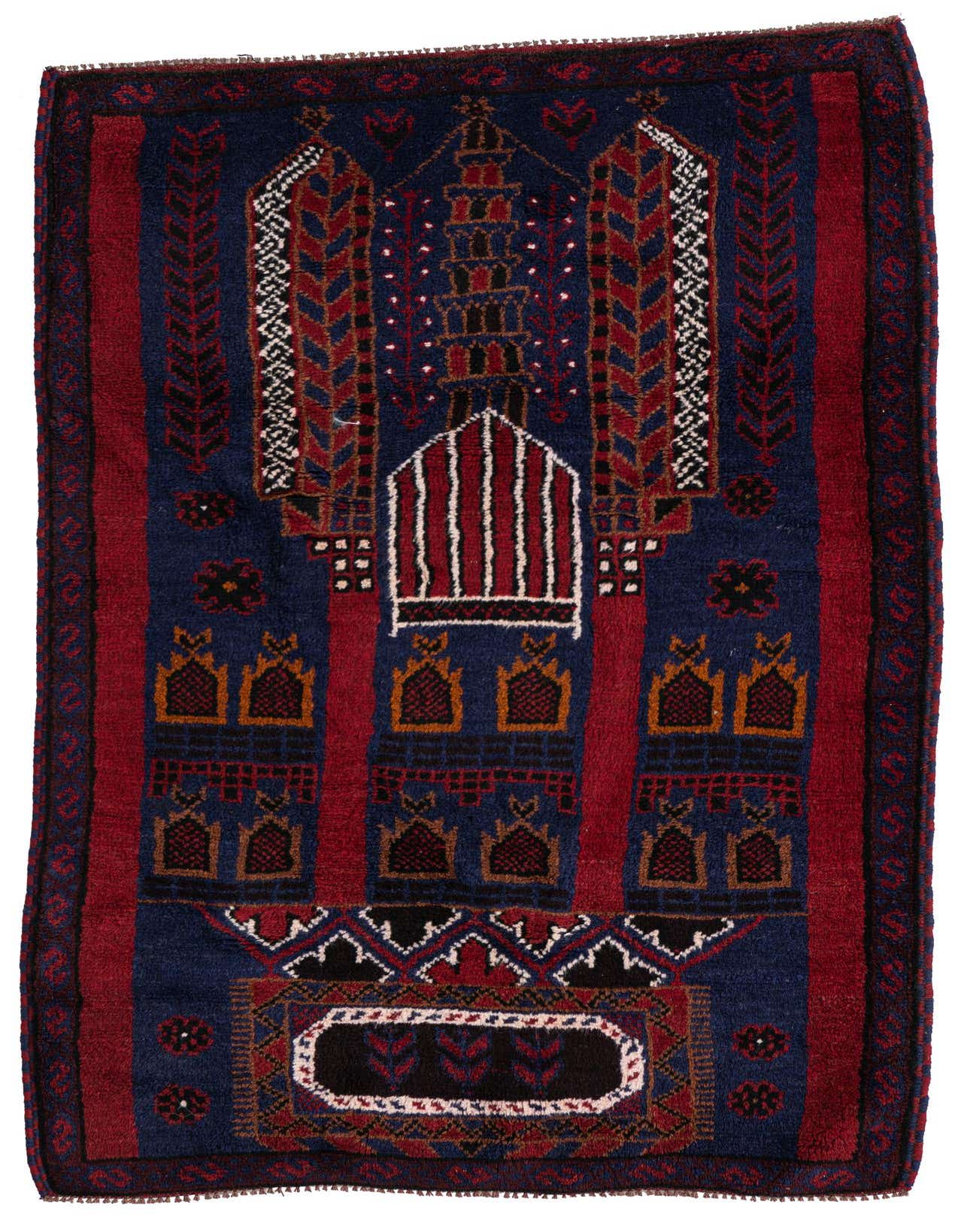 A rectangular 3x5 Balouch rug featuring a traditional tribal Persian pattern in deep navy blue and rich maroon with intricate details.