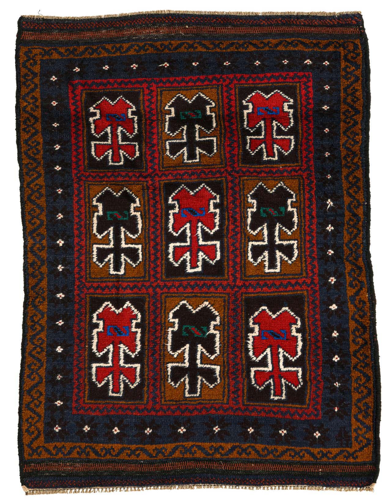 A 3x5 rectangular Balouch rug with a traditional tribal pattern in deep blues, reds, and browns, featuring nine distinct motifs.