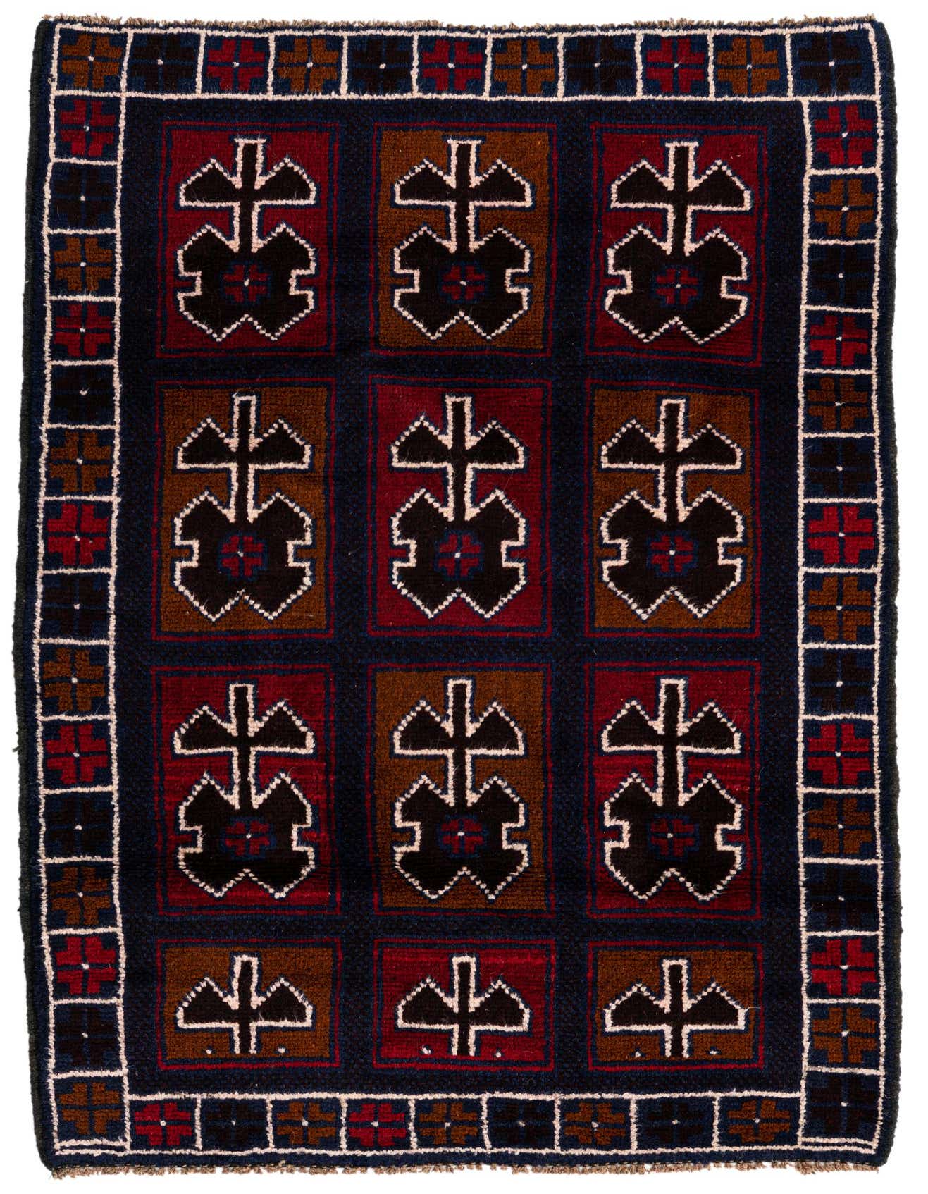 A 3x4 rectangular Balouch rug featuring a traditional tribal pattern in navy blue, deep red, and brown.