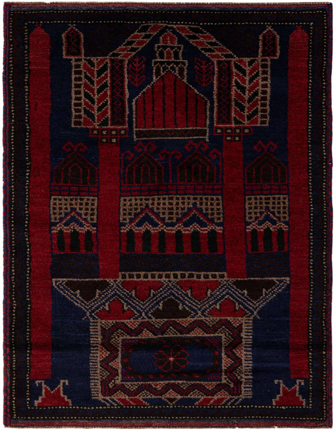 A 3x5 rectangular Balouch wool rug with a traditional Persian tribal pattern in navy blue and deep red, featuring geometric and medallion motifs.
