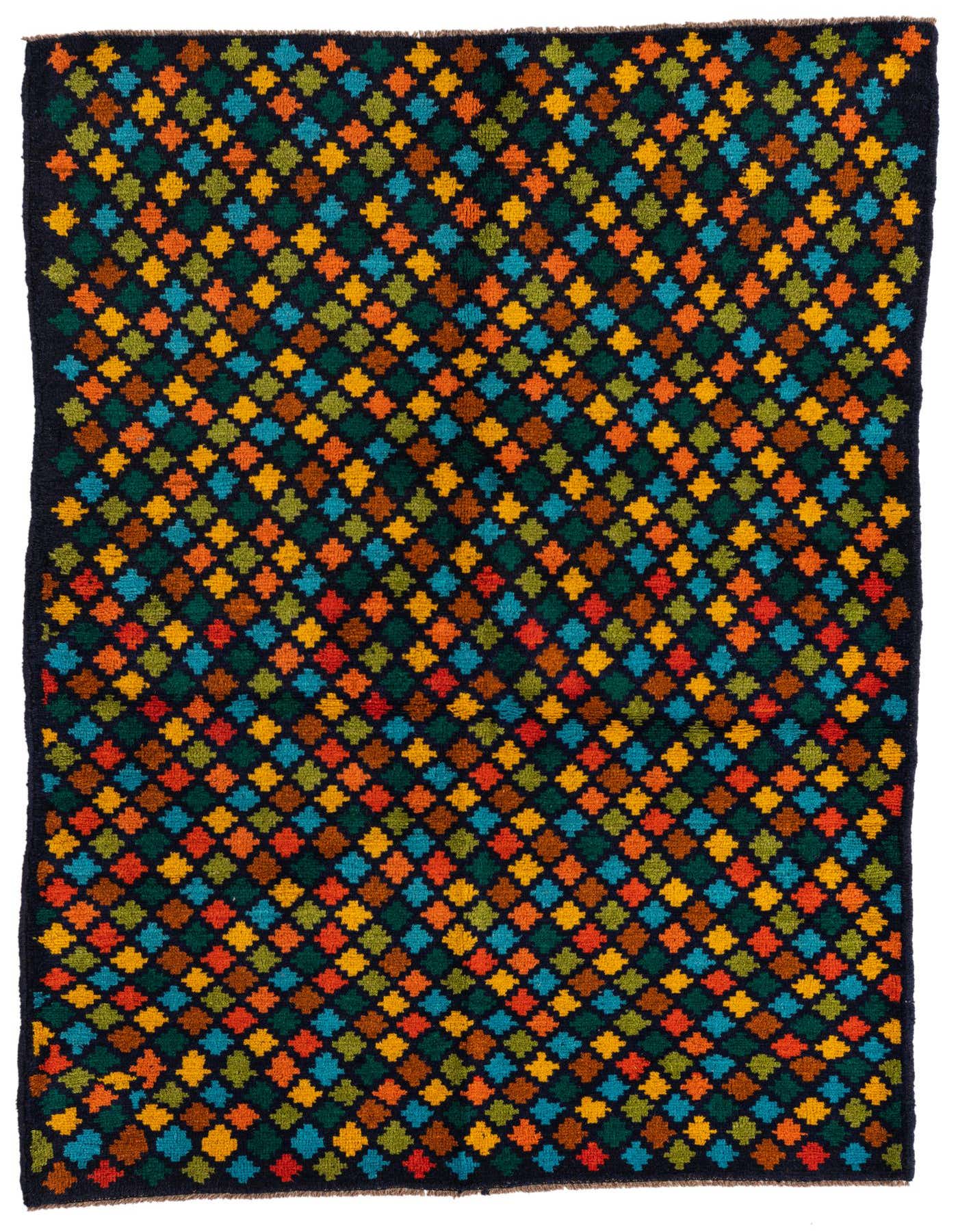 A 4x6 rectangular Balouch rug with a traditional tribal pattern of colorful diamonds in blues, oranges, greens, and yellows on a dark navy background.