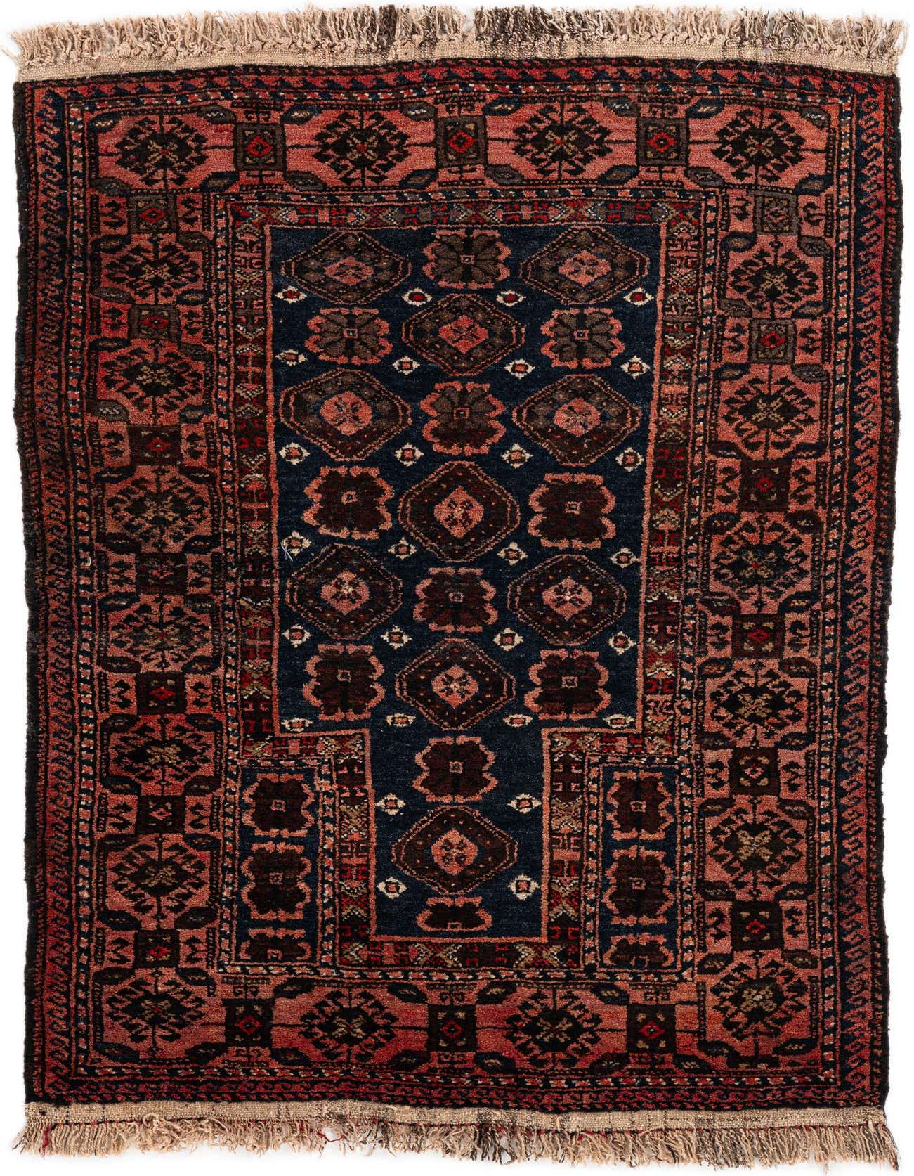 A 3x5 rectangular Balouch rug with a navy blue center medallion and intricate red, brown, and black traditional patterns, featuring fringe.