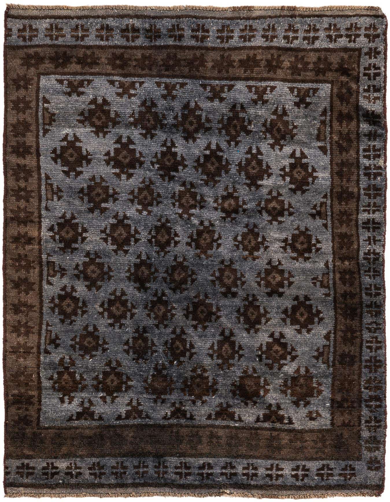 A 3x5 rectangular Balouch tribal rug featuring a faded navy blue field with repeating dark brown geometric motifs and a matching dark brown border.