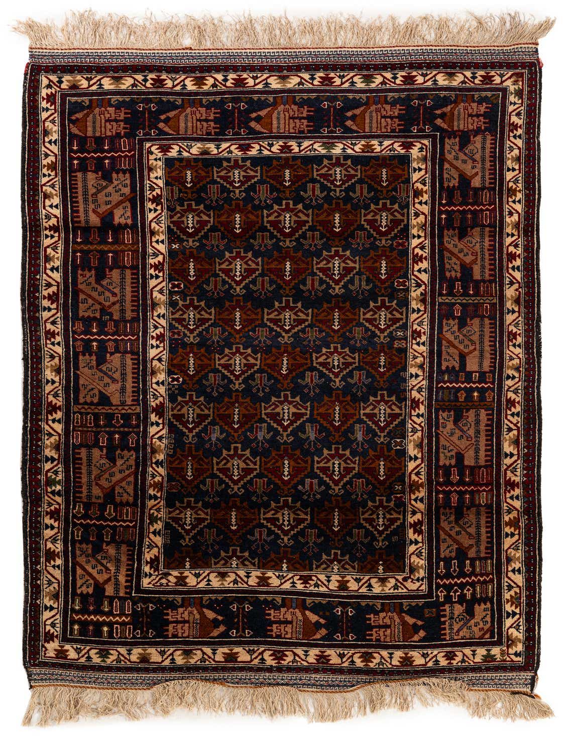 A 4x6 rectangular Balouch rug with a traditional Persian tribal pattern in deep blues, rich browns, and cream accents, featuring intricate geometric motifs and a fringed edge.