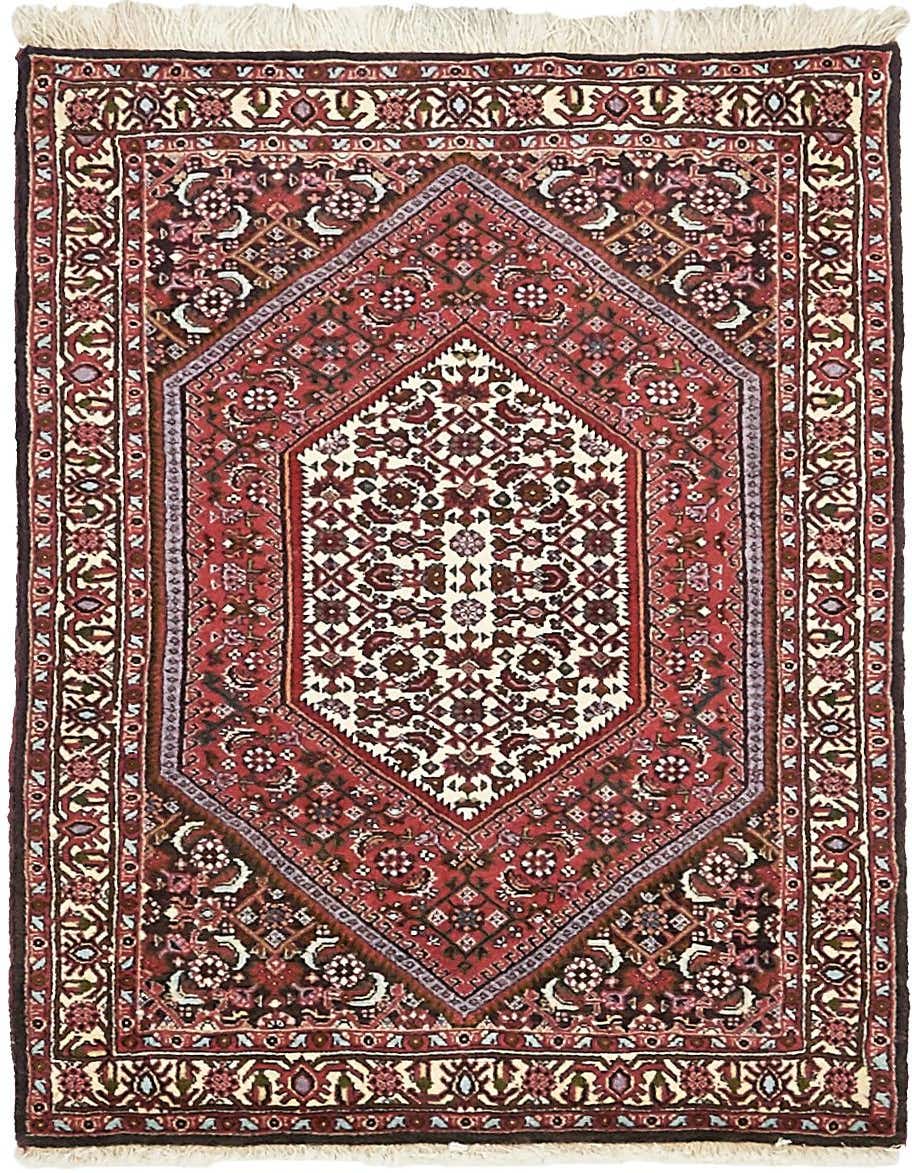 A 3x4 rectangular Bidjar rug featuring a traditional Persian pattern in shades of red, white, and blue, with a prominent central medallion.