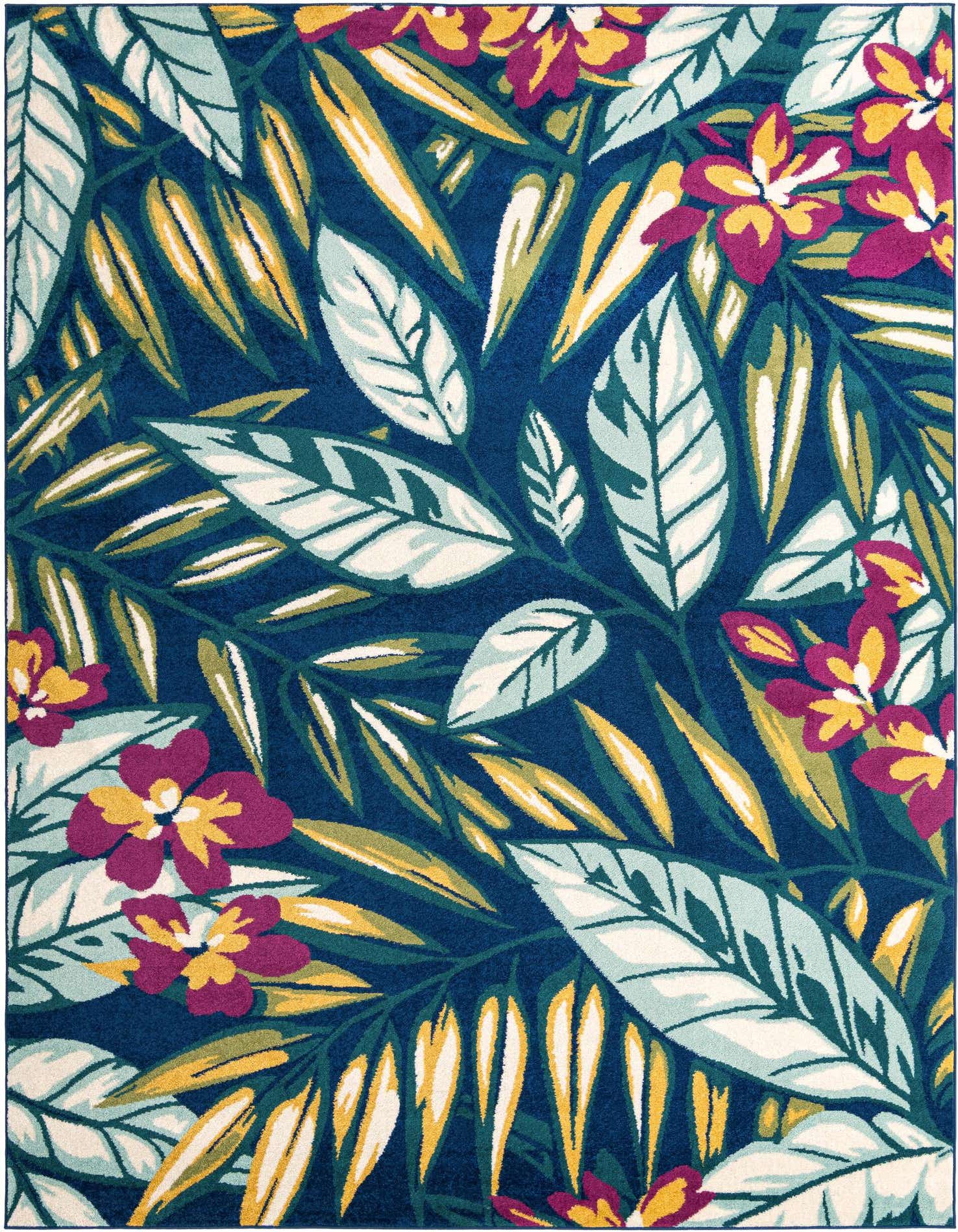 A 9x12 rectangular Bloom Collection rug featuring a vibrant modern floral pattern with white, yellow, and magenta flowers and leaves on a deep navy blue background.