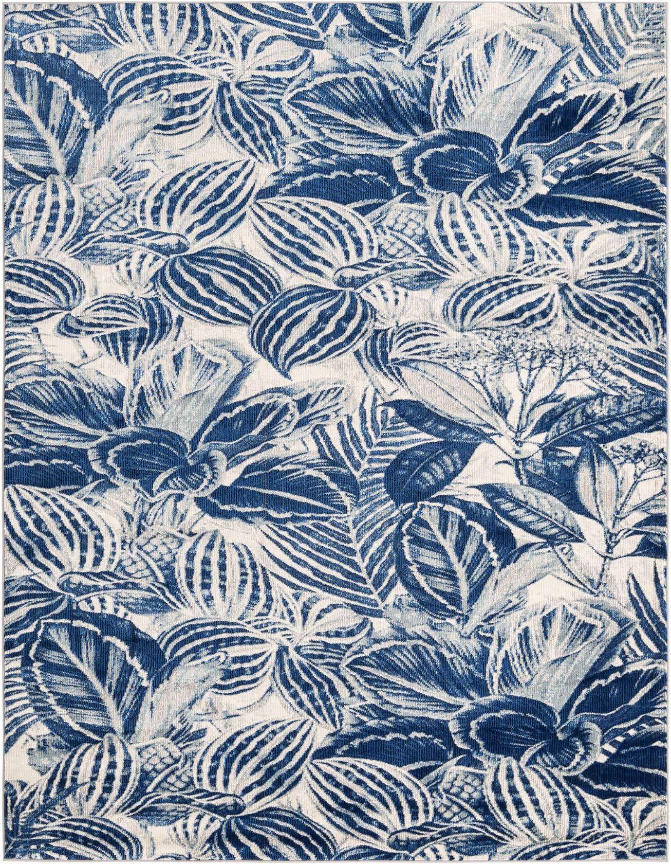 A 5x8 rectangular indoor rug featuring a dense botanical pattern with various shades of blue leaves on a cream background.
