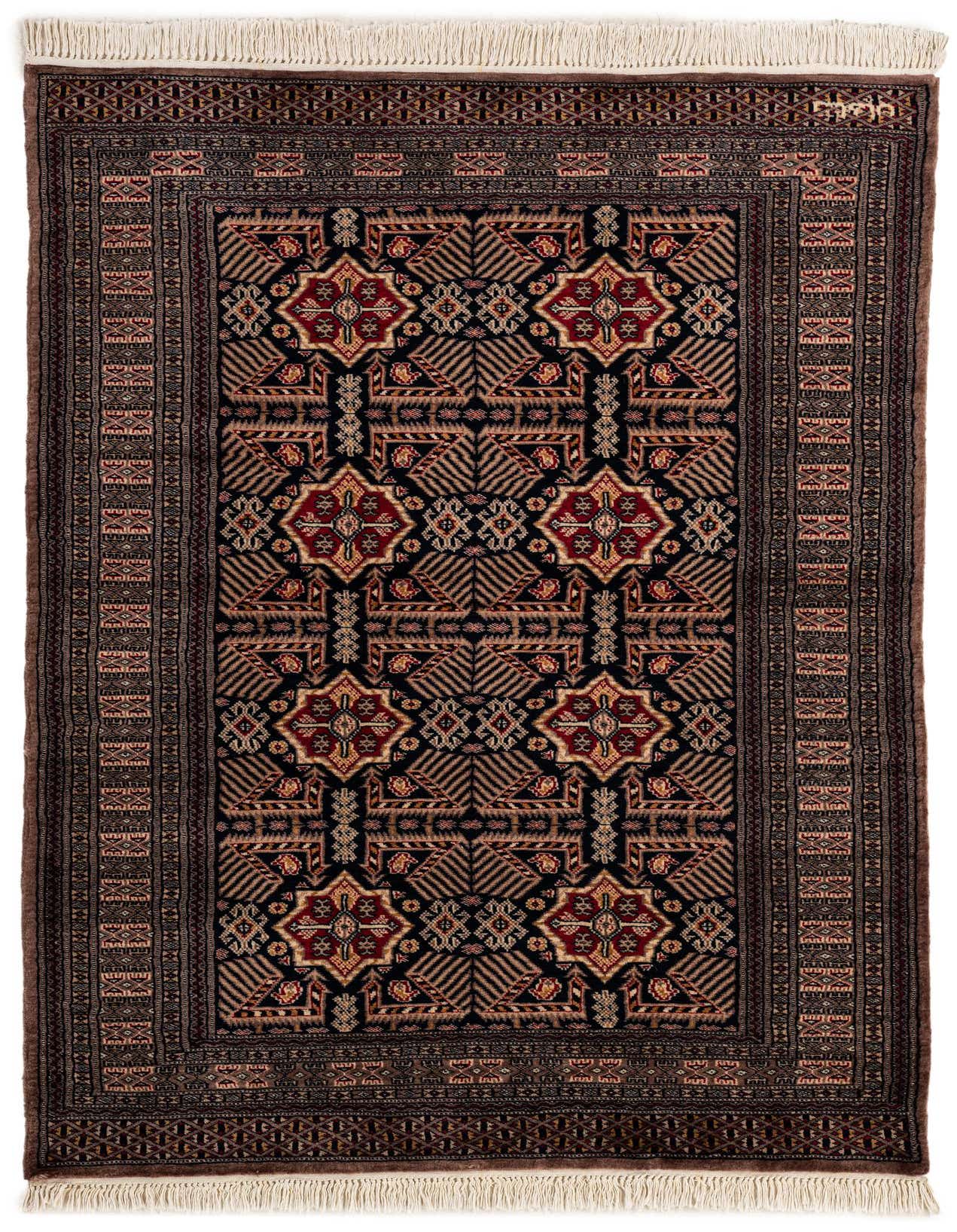 A 4x6 rectangular Bokhara wool rug featuring a traditional tribal pattern in deep blues, reds, and creams, with white fringe.