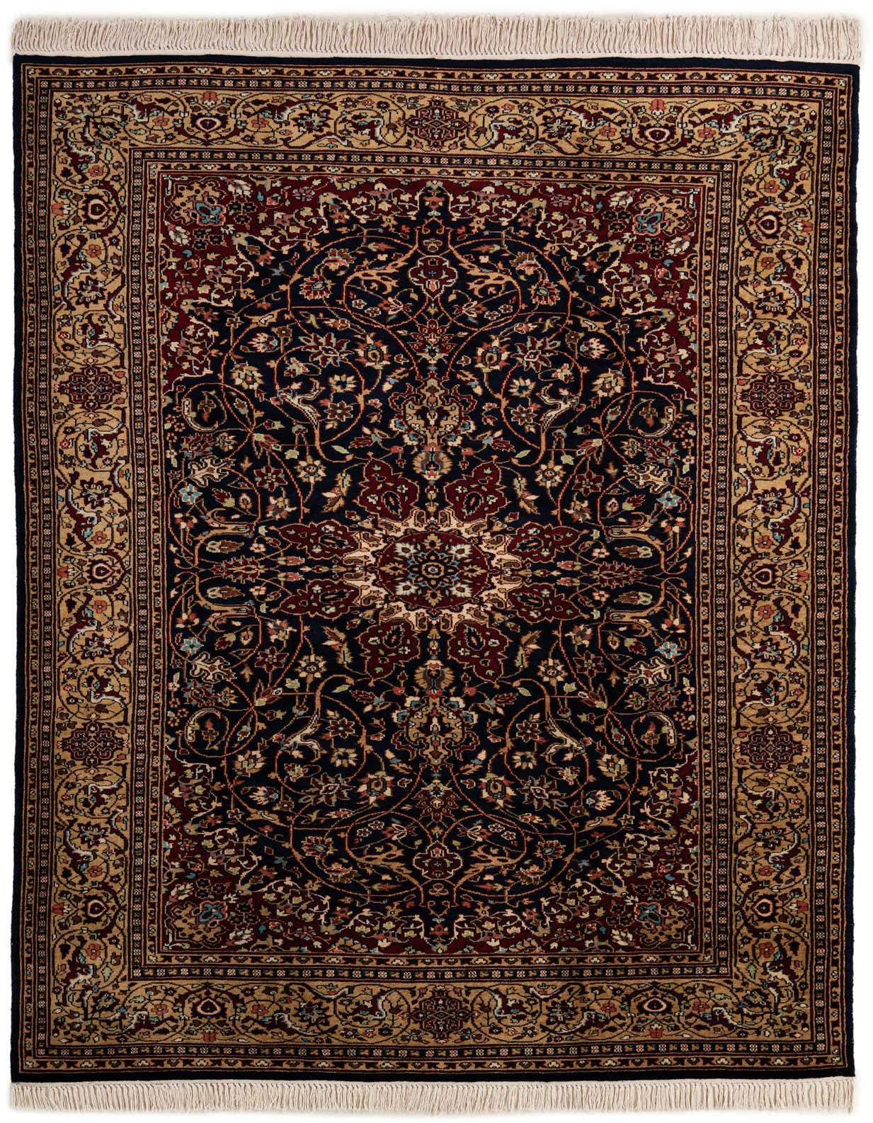 A 6x9 rectangular Bokhara rug with a navy blue field, intricate red and gold traditional medallion pattern, and fringed ends.