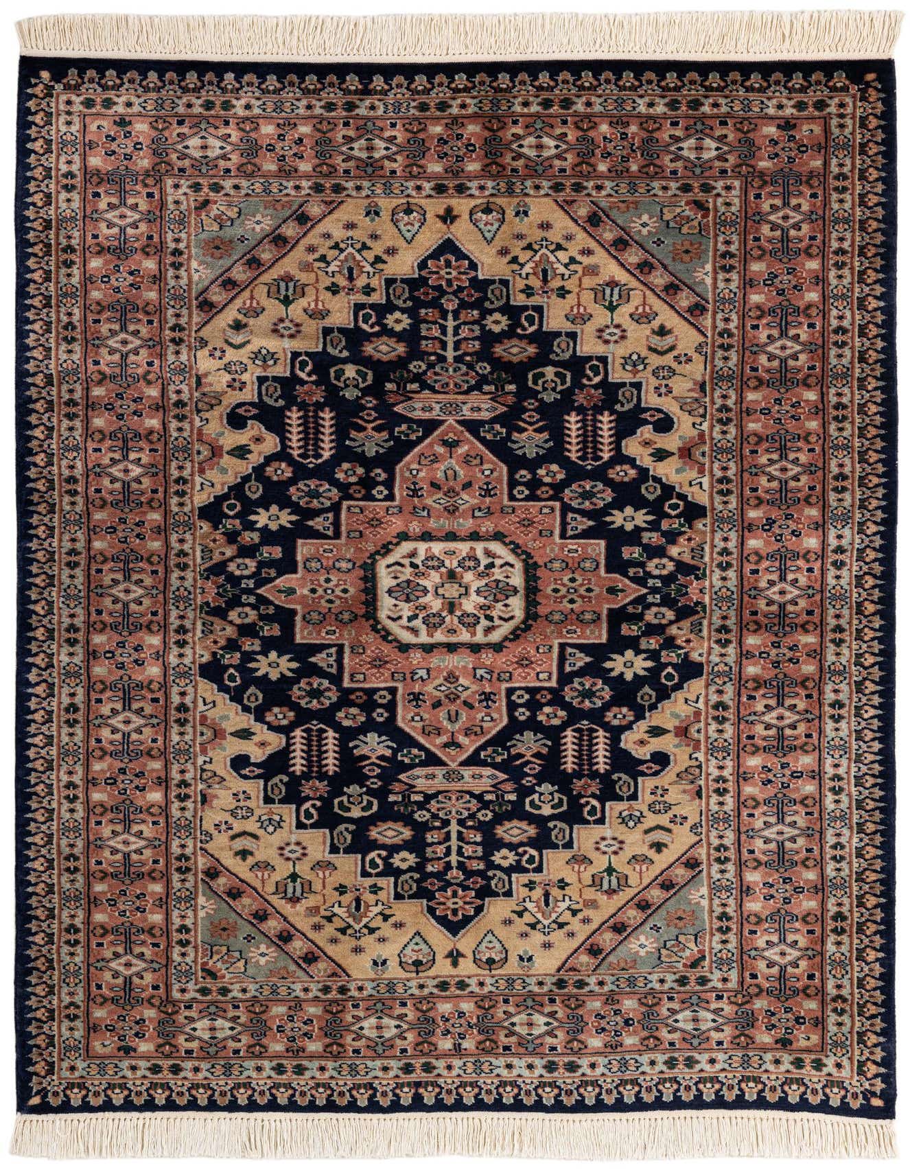 A 4x6 rectangular Bokhara rug with a navy blue and beige tribal medallion pattern, featuring intricate traditional designs and a flat pile.