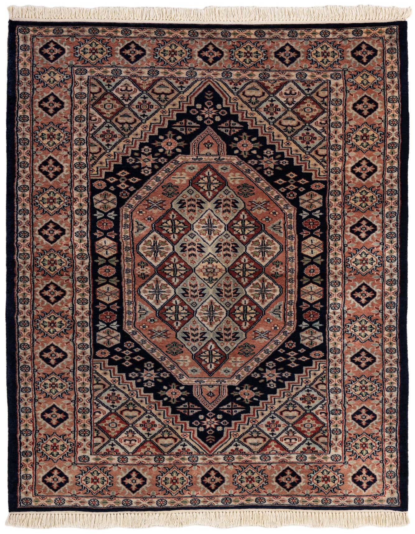 A 4x6 rectangular Bokhara wool rug featuring a traditional tribal medallion pattern in shades of navy blue and terracotta.