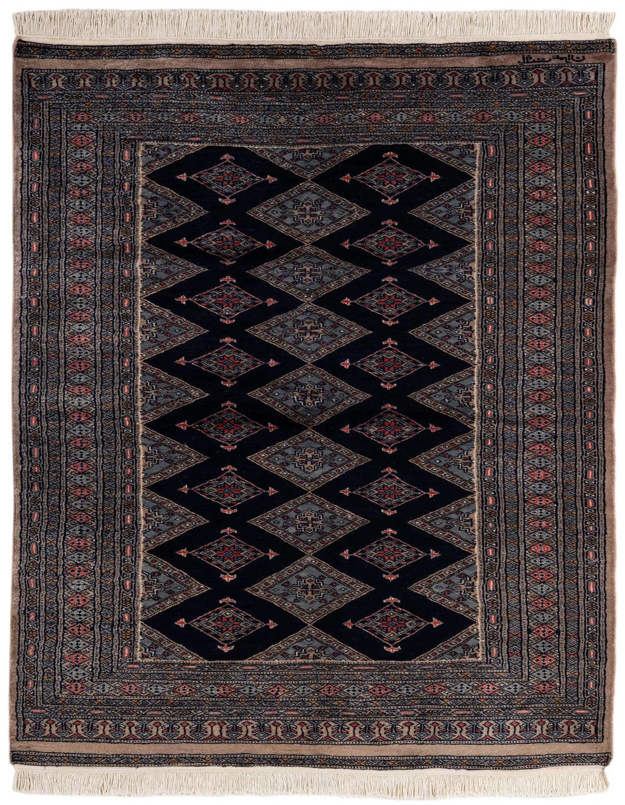 A 4x6 rectangular Bokhara wool rug in navy blue with traditional tribal patterns and a medallion design.