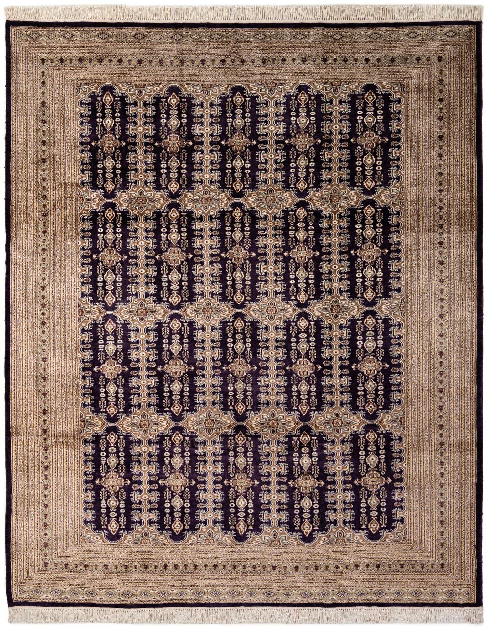 A rectangular 8x10 Bokhara rug featuring a rich navy blue field with intricate tribal patterns and a tan border, perfect for a living room.
