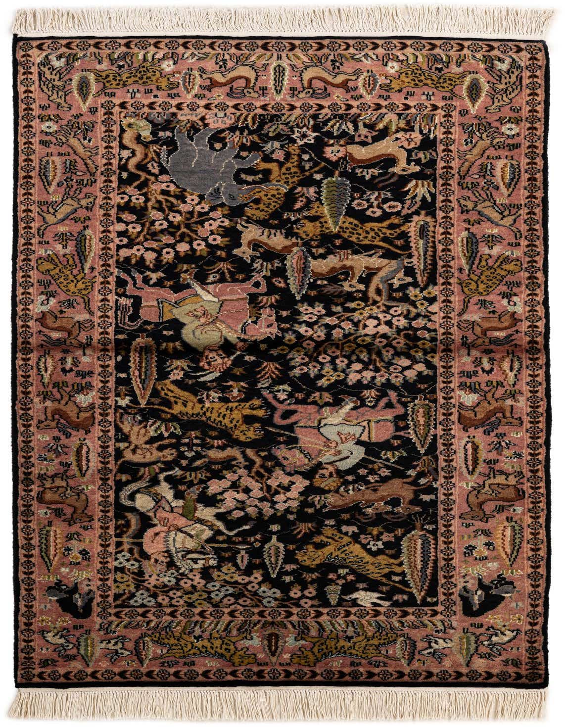 A rectangular 3x5 Bokhara rug featuring a black field with intricate traditional Oriental patterns in blues, pinks, and browns, bordered by a wide pink band with tribal motifs and finished with white fringes.