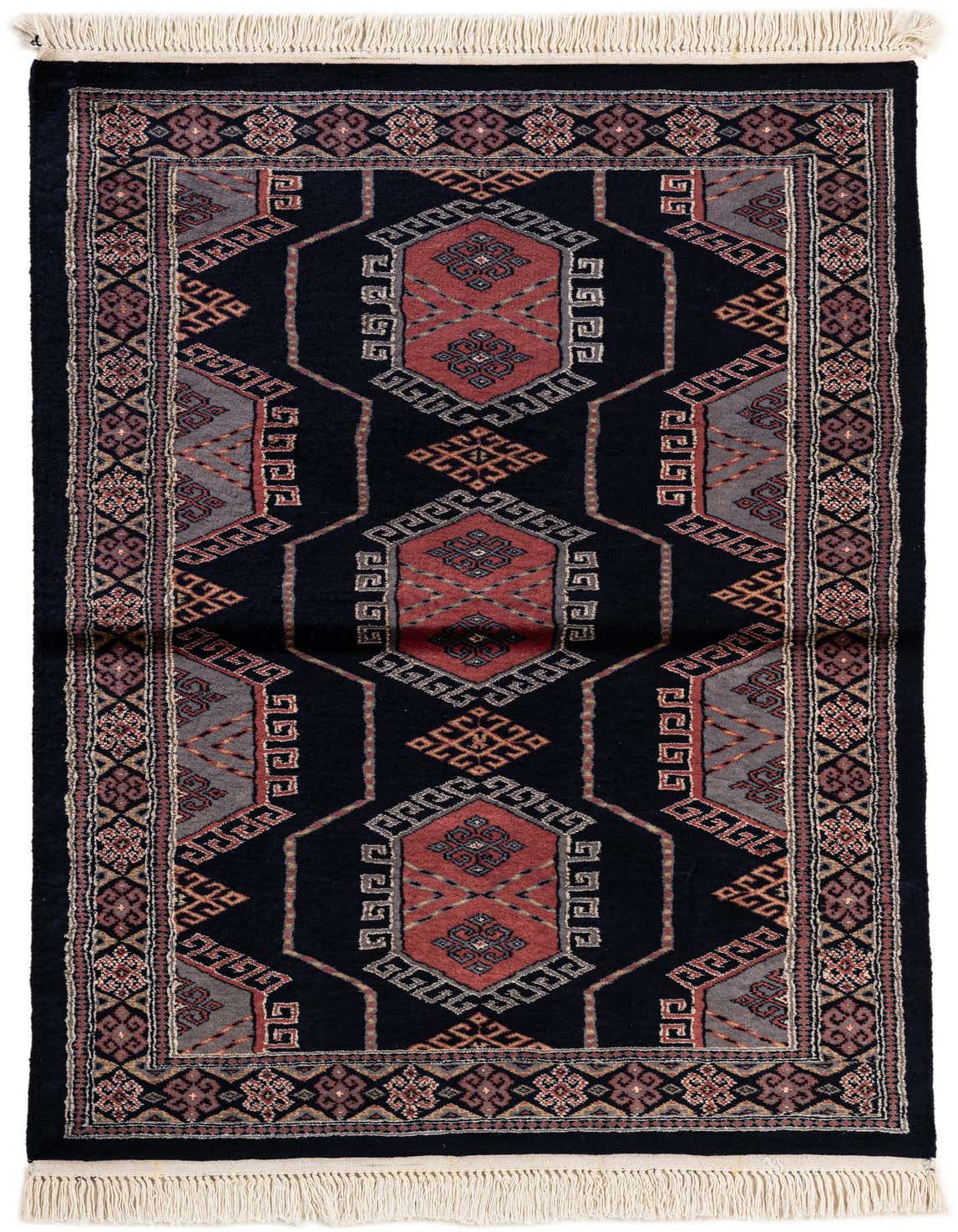 A 3x5 rectangular Bokhara rug with a navy blue field and traditional tribal patterns in red, grey, and beige, featuring decorative fringes.