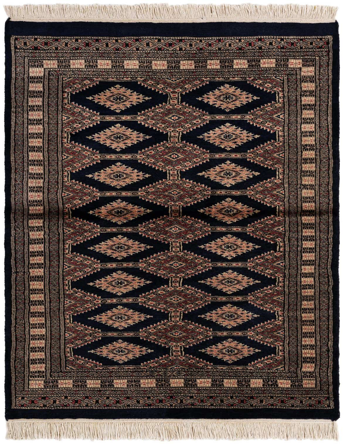 A 3x5 rectangular Bokhara rug featuring a traditional tribal pattern in navy blue, red, and beige, with fringe.