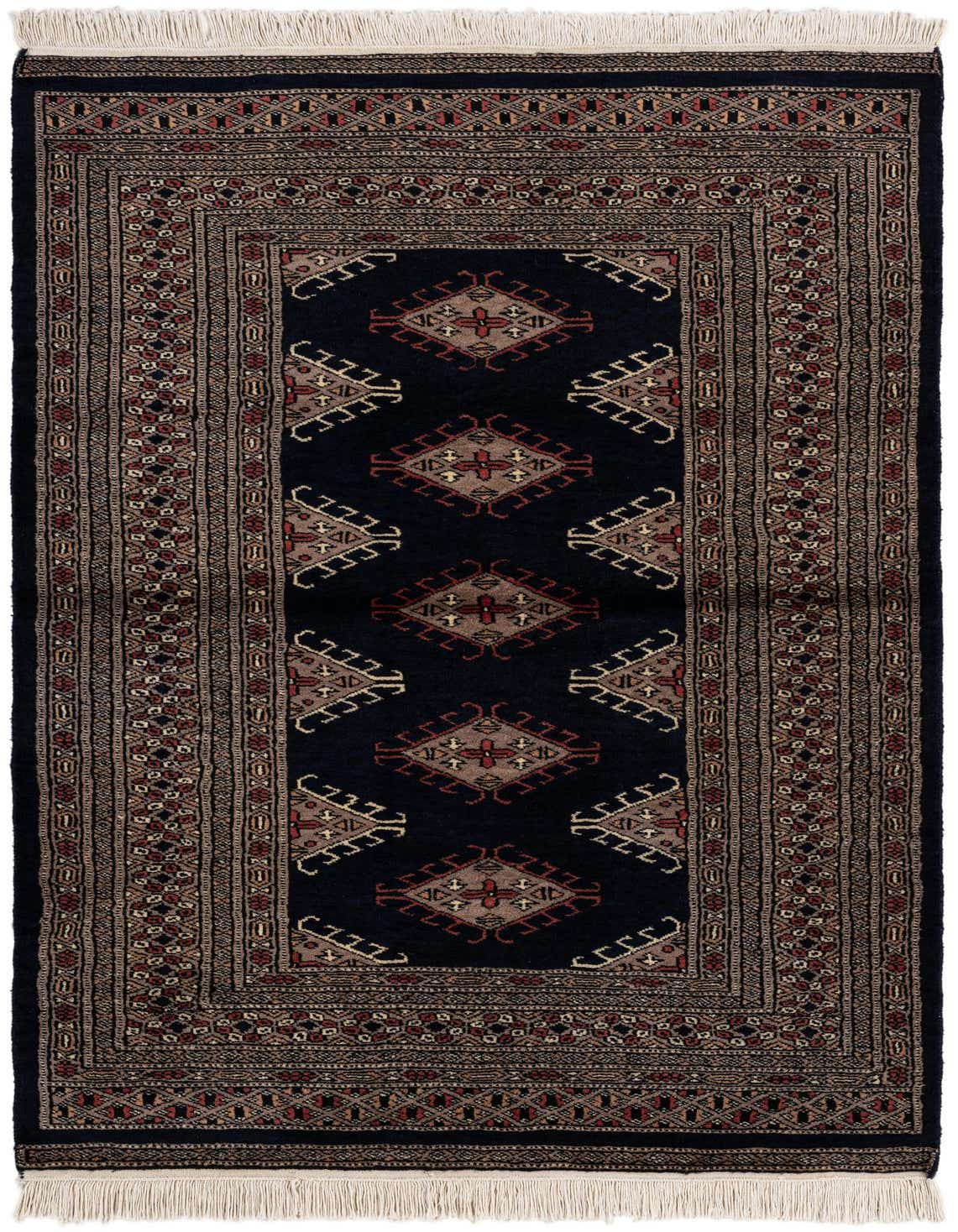 A 3x5 rectangular Bokhara rug featuring a navy blue field with a repeating pattern of tribal motifs in red, beige, and brown, bordered by intricate traditional designs and finished with white fringe.
