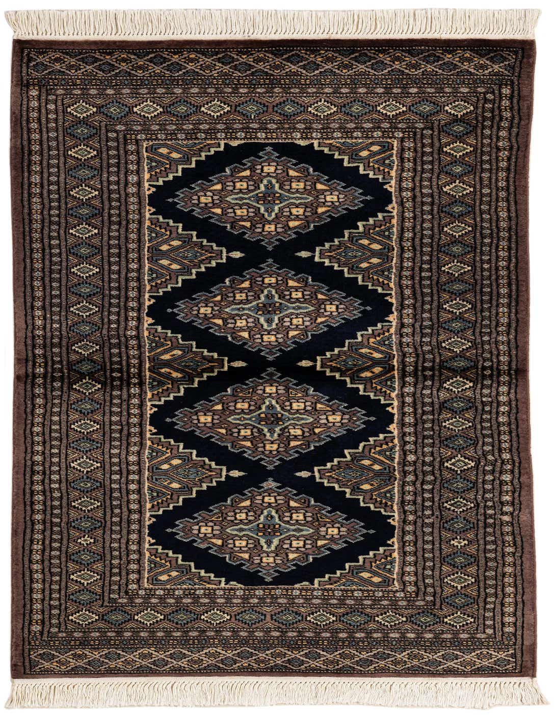 A 3x5 rectangular Bokhara rug with a navy blue field, intricate tribal patterns in blues and browns, and cream fringe.