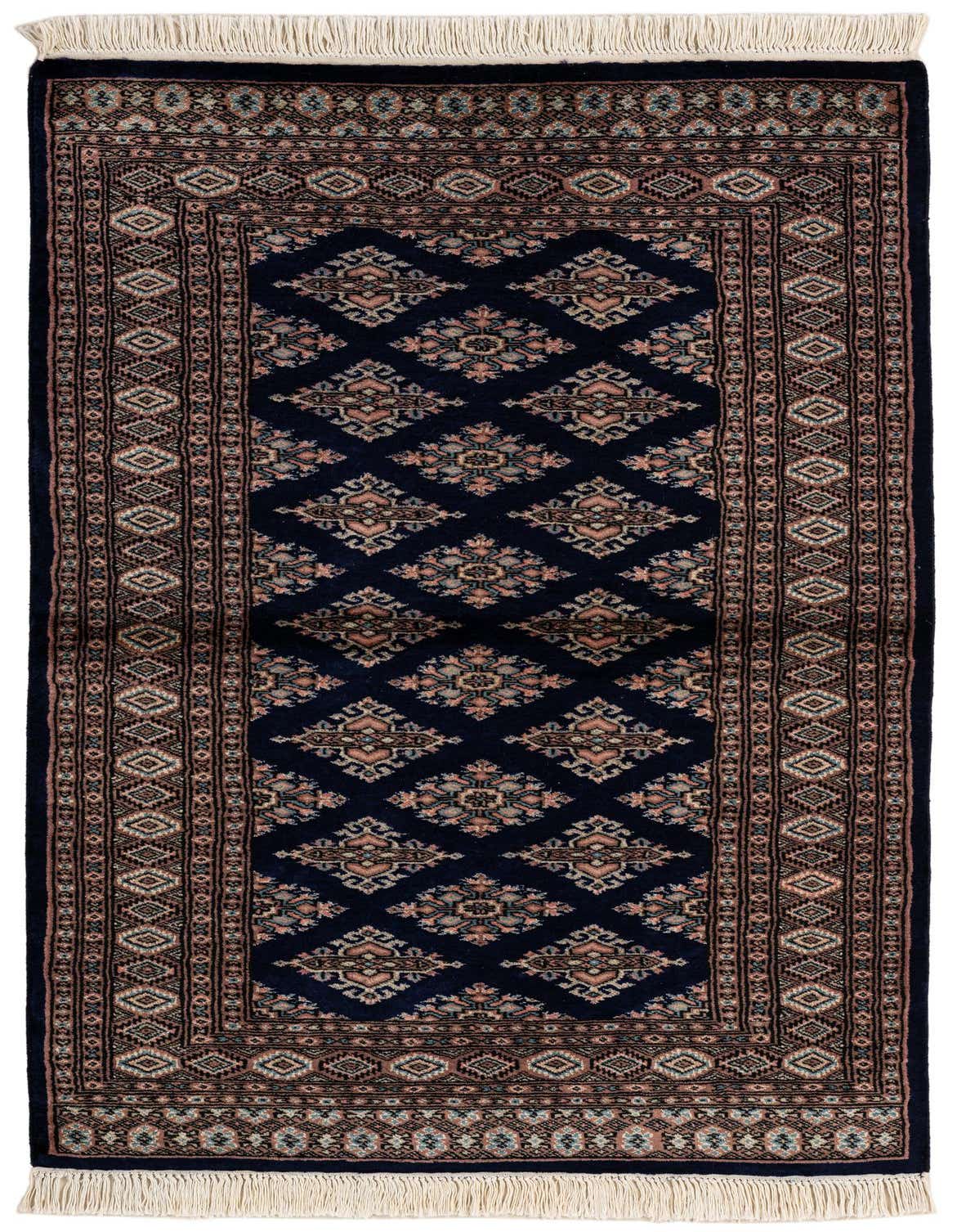 A 3x5 rectangular navy blue Bokhara rug with a traditional tribal pattern in shades of blue, pink, and brown, featuring a central diamond motif and intricate borders, with white fringe.