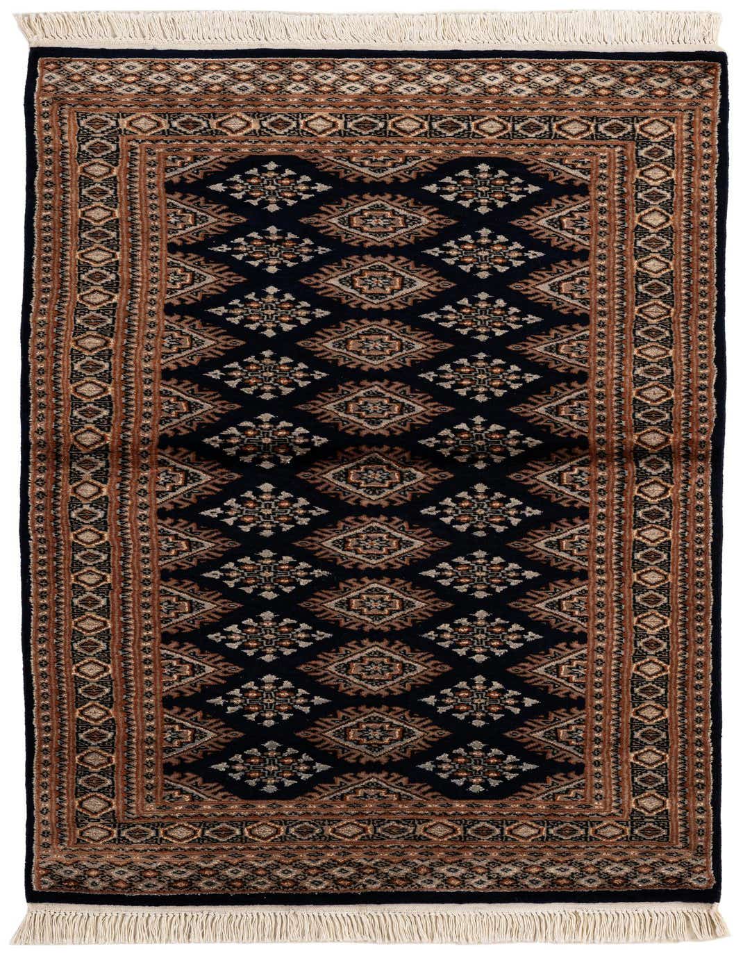 A 3x5 rectangular Bokhara rug featuring a navy blue field with intricate tribal patterns in brown and beige, framed by a detailed border and finished with cream fringes.