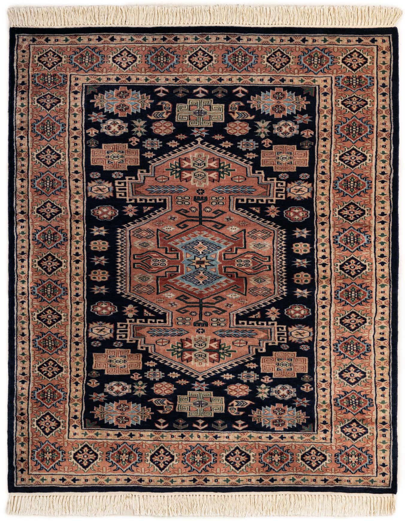 A 4x6 rectangular Bokhara rug featuring a central medallion and intricate tribal patterns in blues, terracotta, and cream, with fringe.