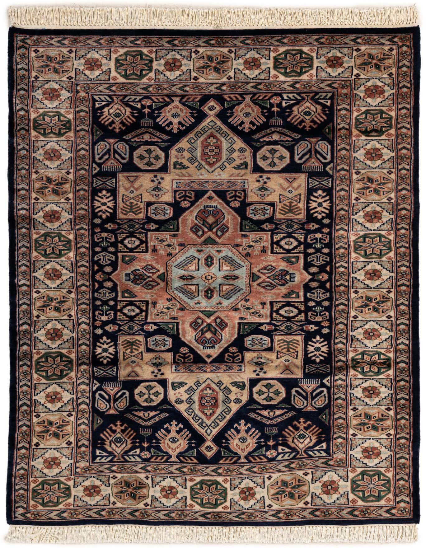 A 4x6 rectangular Bokhara wool rug featuring a navy blue field with a central medallion and tribal patterns in beige, rust, and green, framed by a multi-bordered design.