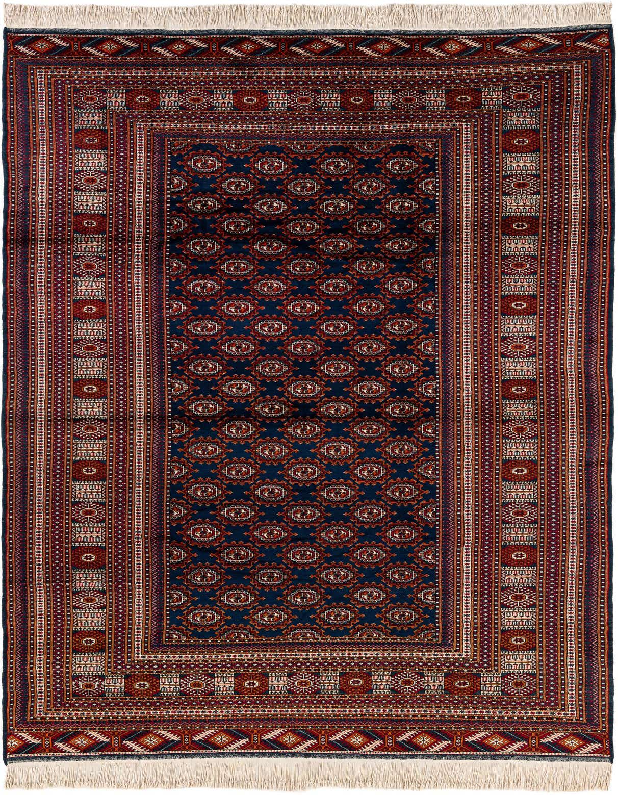 A 7x10 rectangular Bokhara rug featuring a traditional tribal pattern in deep blues and rich reds, with intricate geometric motifs and white fringe.