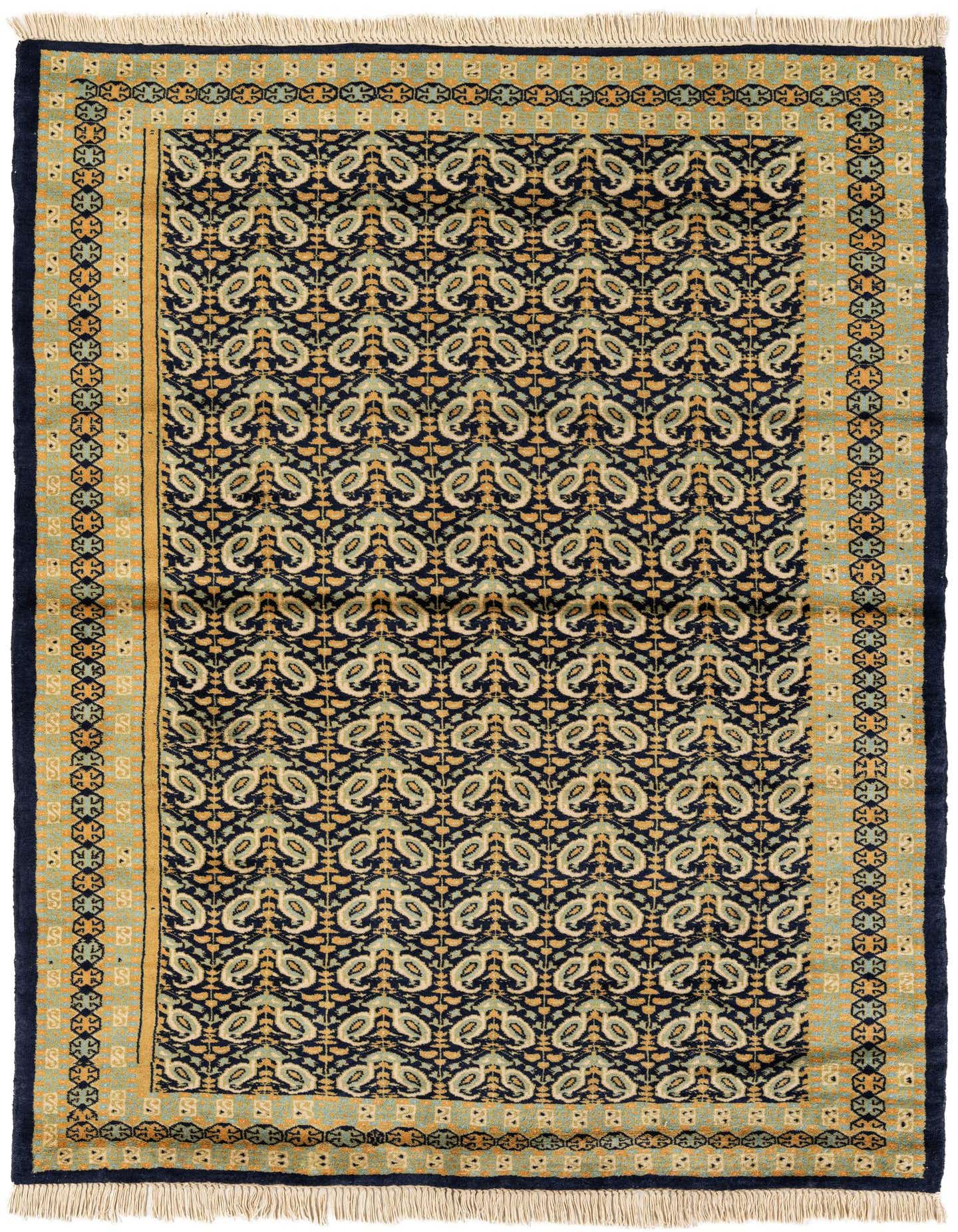 A 4x6 rectangular Bokhara rug featuring a dense navy blue field with light blue and gold tribal paisley motifs, bordered by a light blue and gold pattern, with fringe.