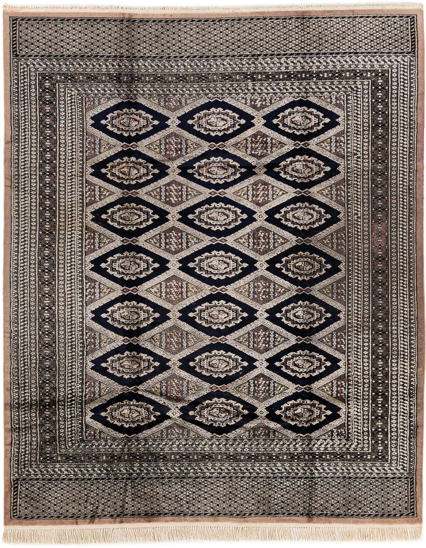 A 6x9 rectangular Bokhara rug featuring a traditional tribal pattern in navy blue, cream, and brown tones, handmade from wool and silk.