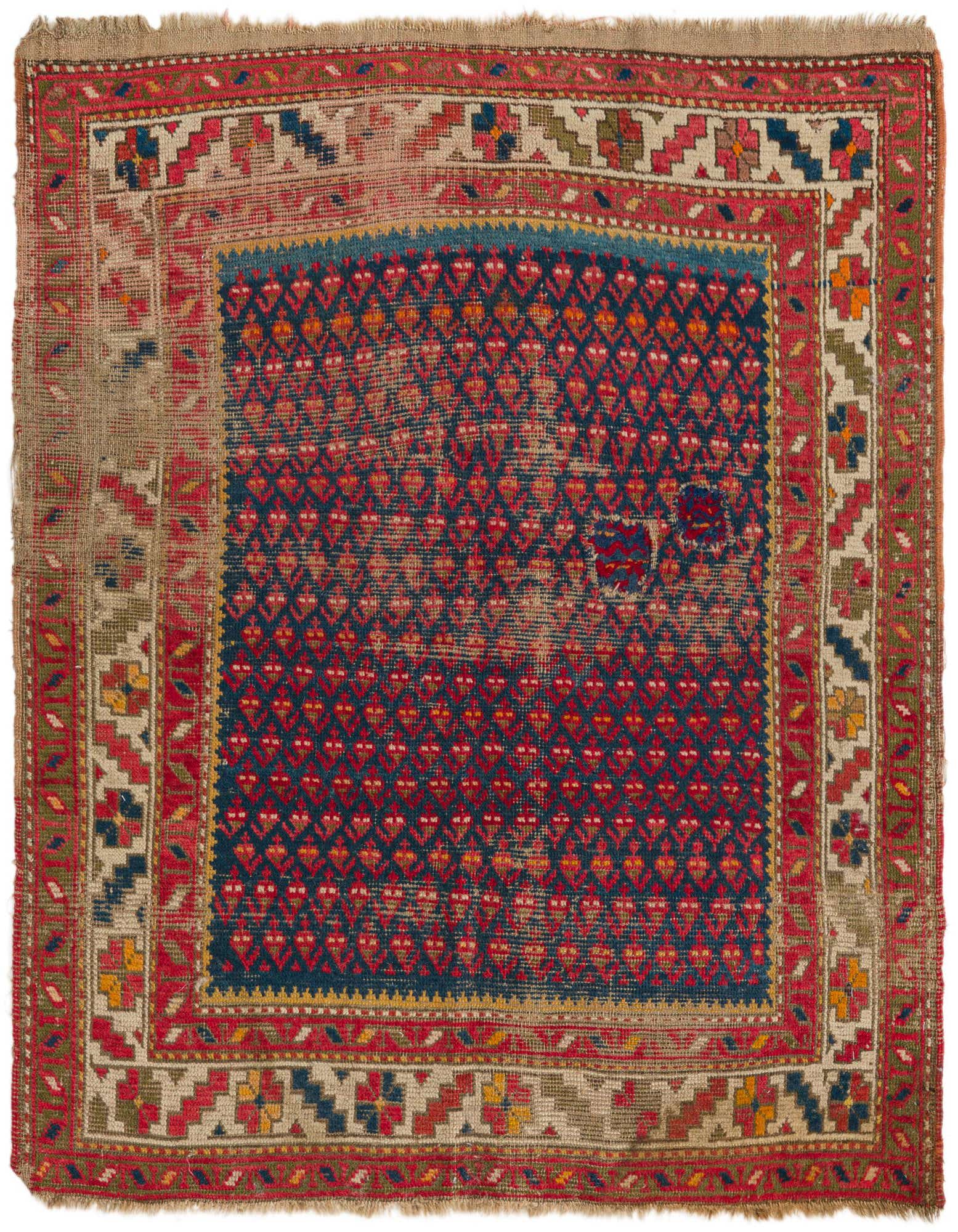 A 3x4 rectangular Persian wool rug with a central navy blue field featuring red and orange tribal patterns, surrounded by a multi-colored border.