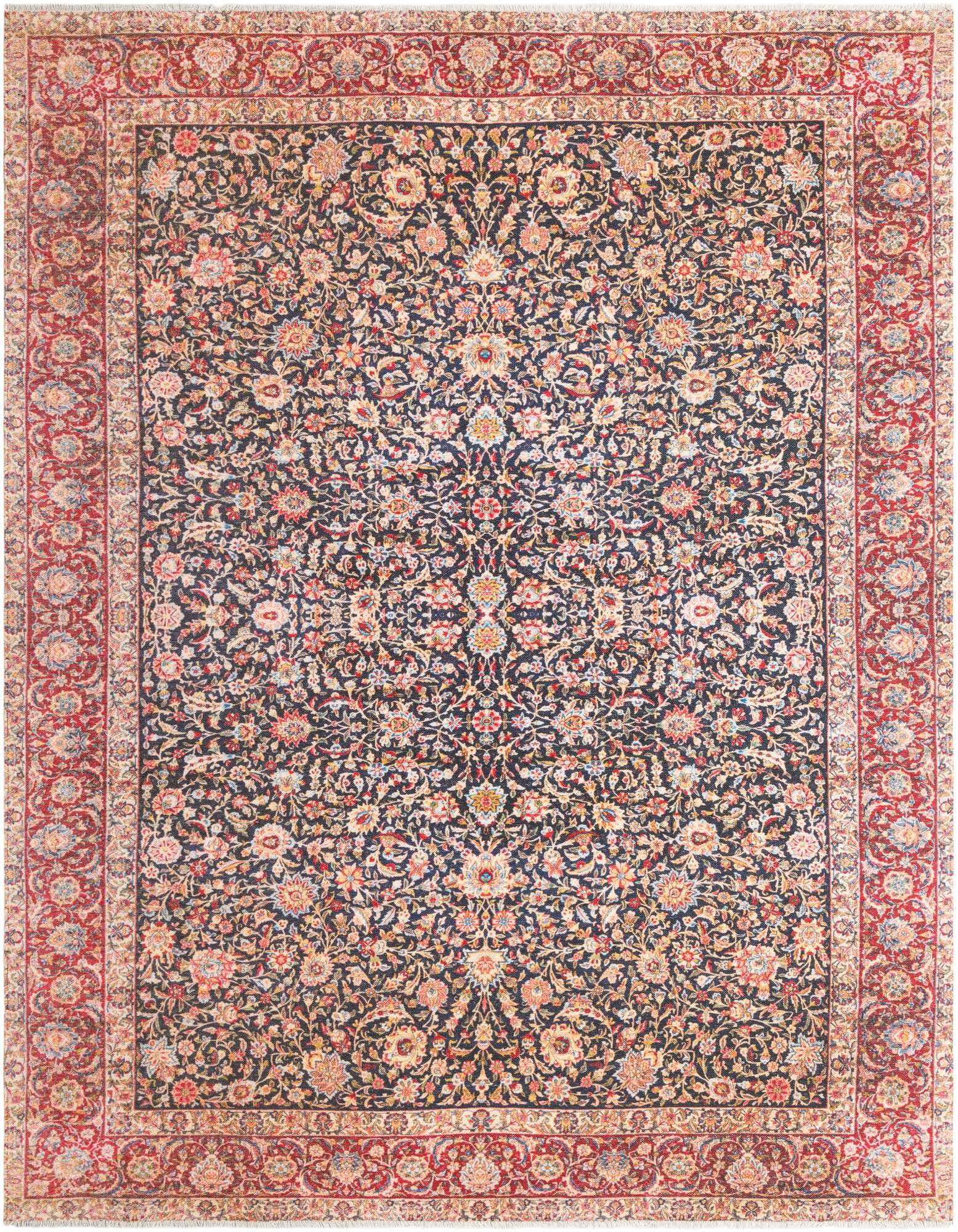 An 8x10 rectangular traditional floral rug featuring a navy blue field with intricate red, cream, and gold patterns, bordered by a rich red frame.