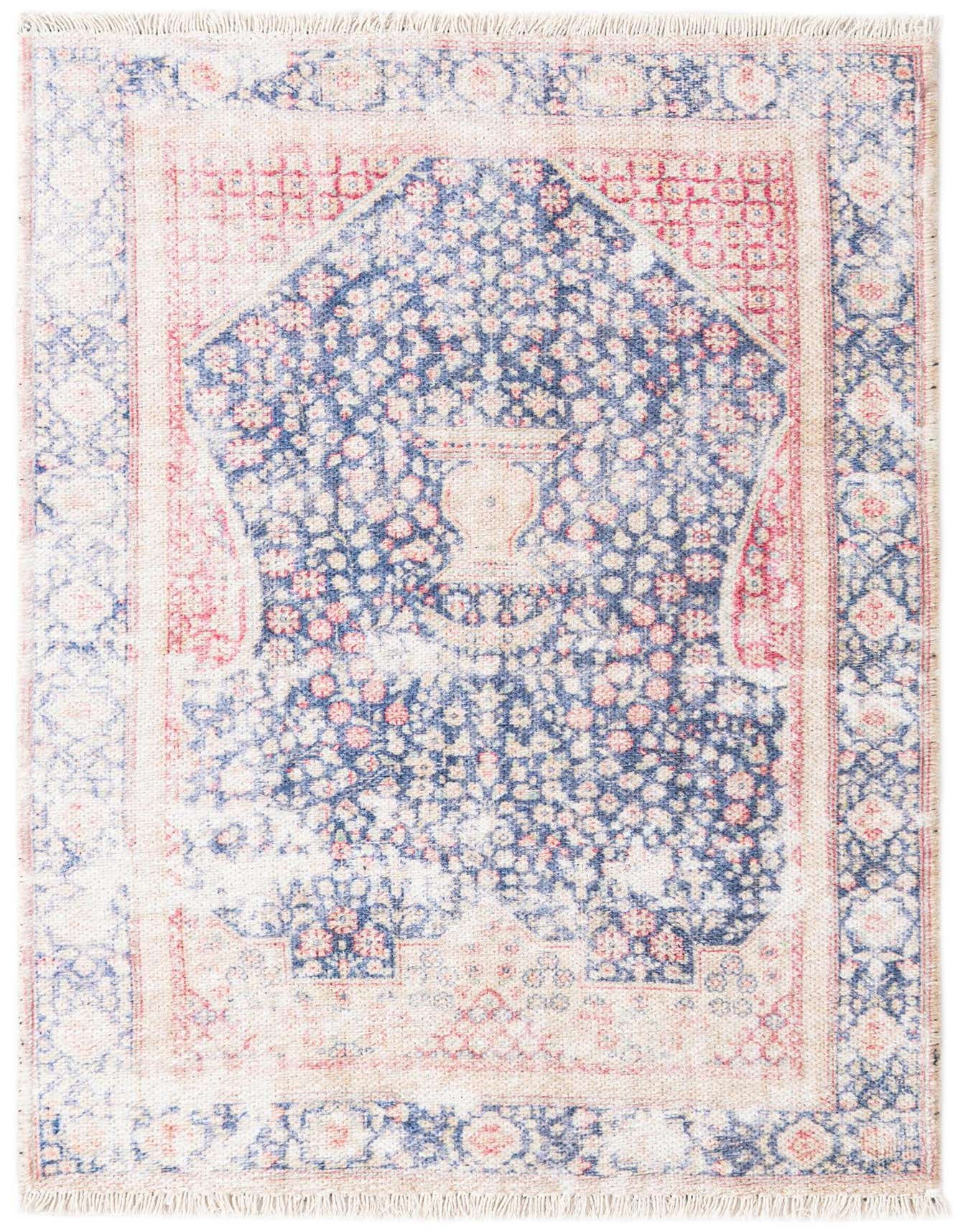 A 2x3 rectangular Rugs.com Boutique rug featuring a faded traditional medallion pattern in blues and hints of red, with fringe.