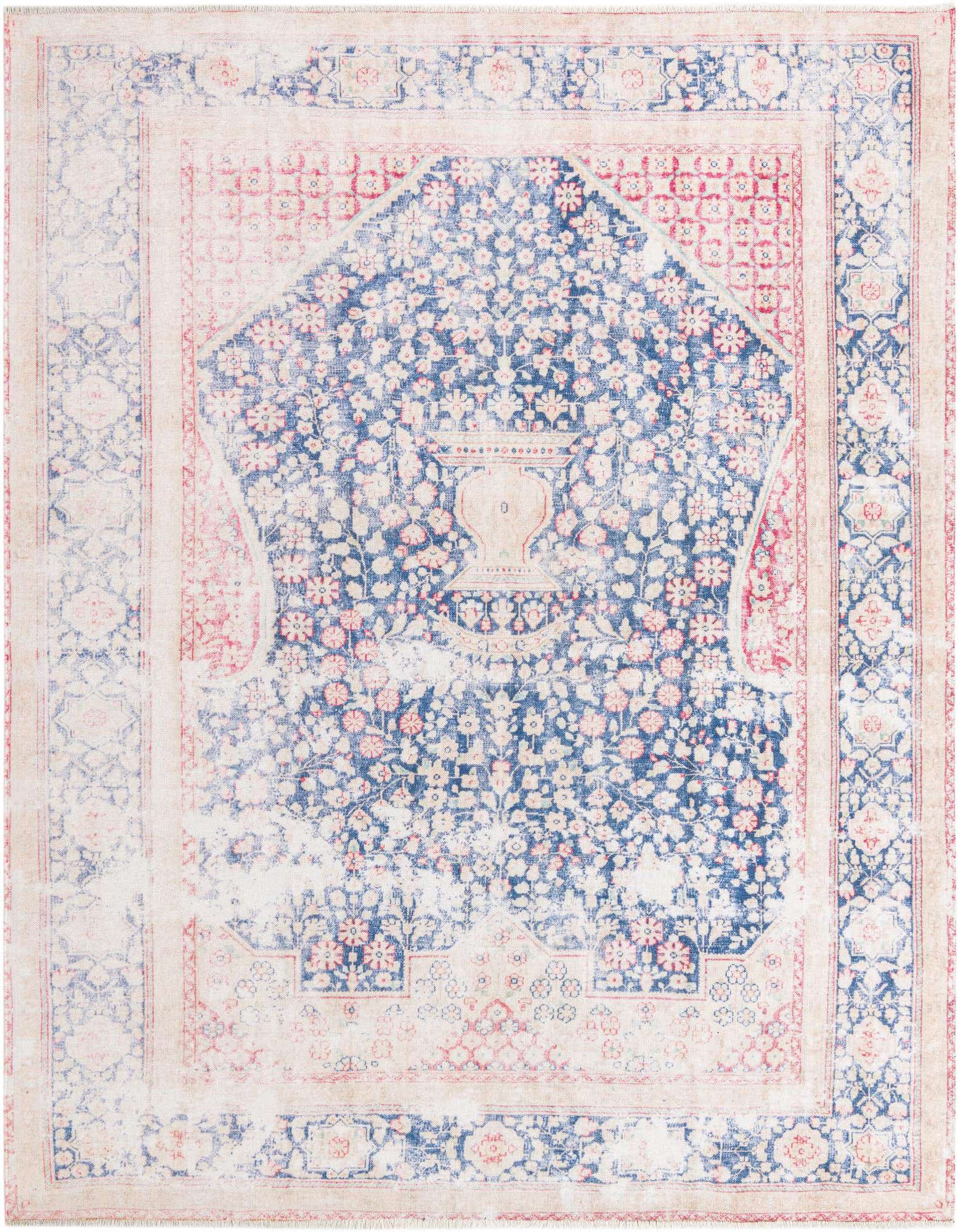 An 8x10 rectangular Rugs.com Boutique rug featuring a faded traditional medallion pattern in navy blue, light blue, and muted red.