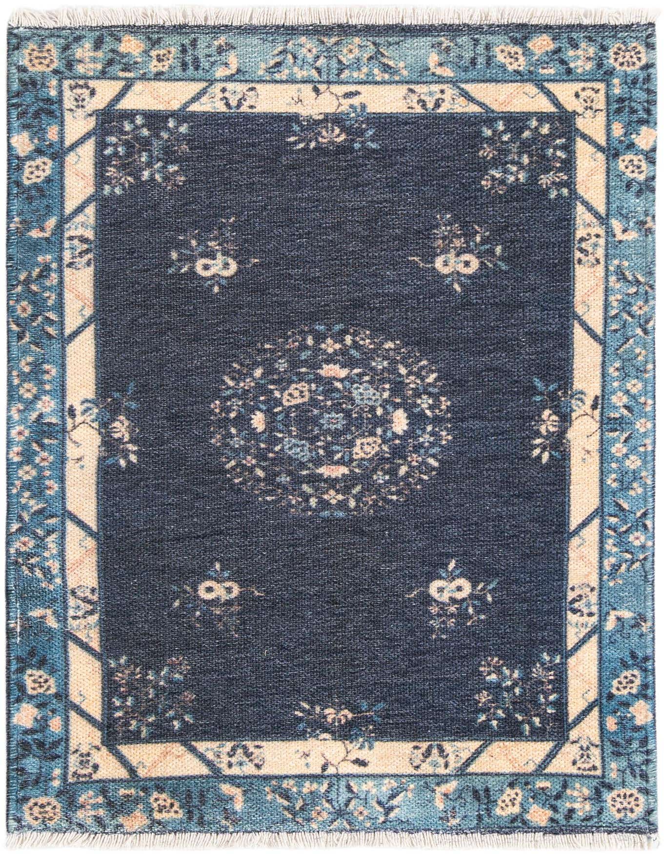 A 2x3 rectangular navy blue chenille rug with a traditional Asian medallion pattern and light blue and cream floral border.