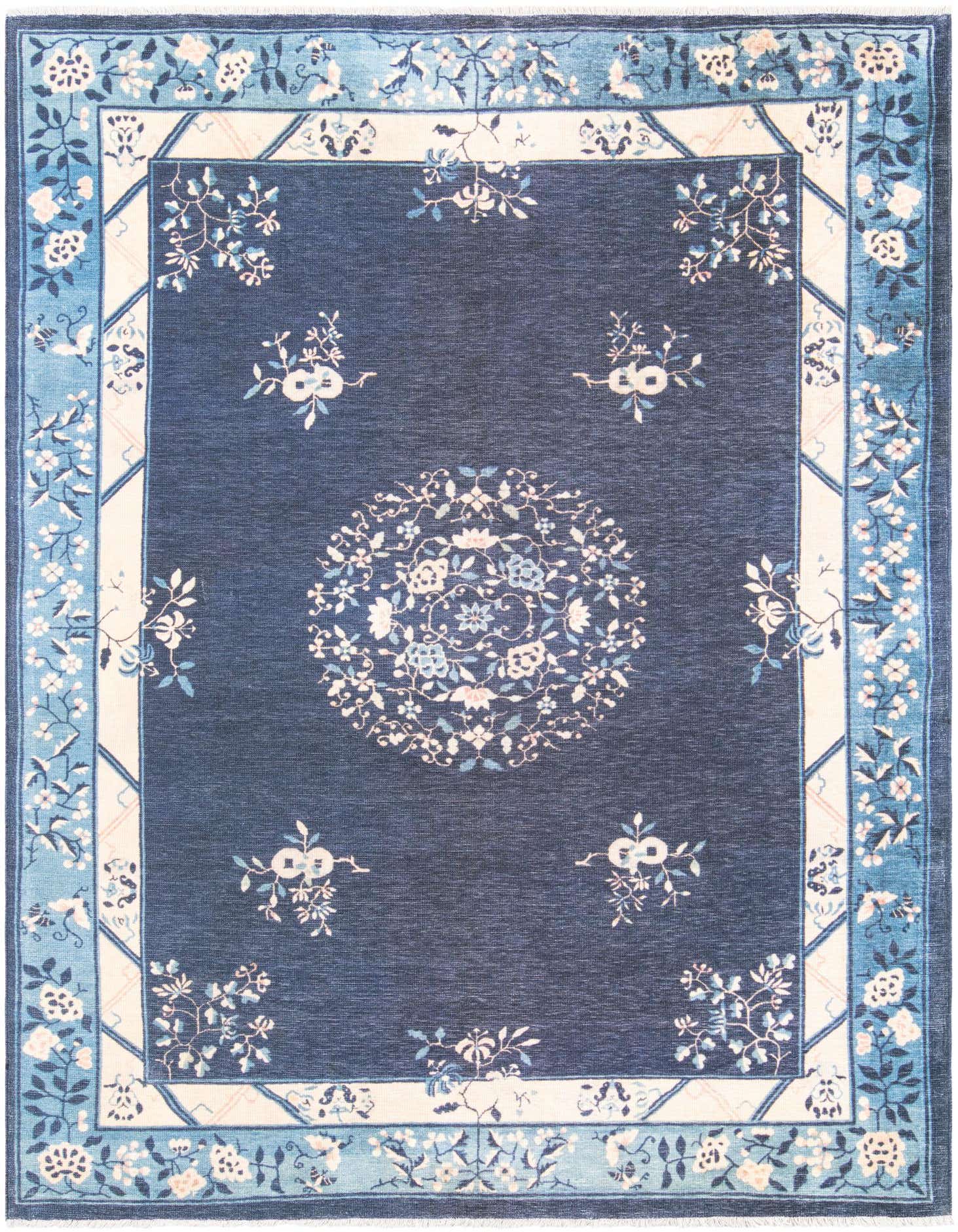 A 5x8 rectangular navy blue chenille rug with a traditional Asian medallion and floral border.