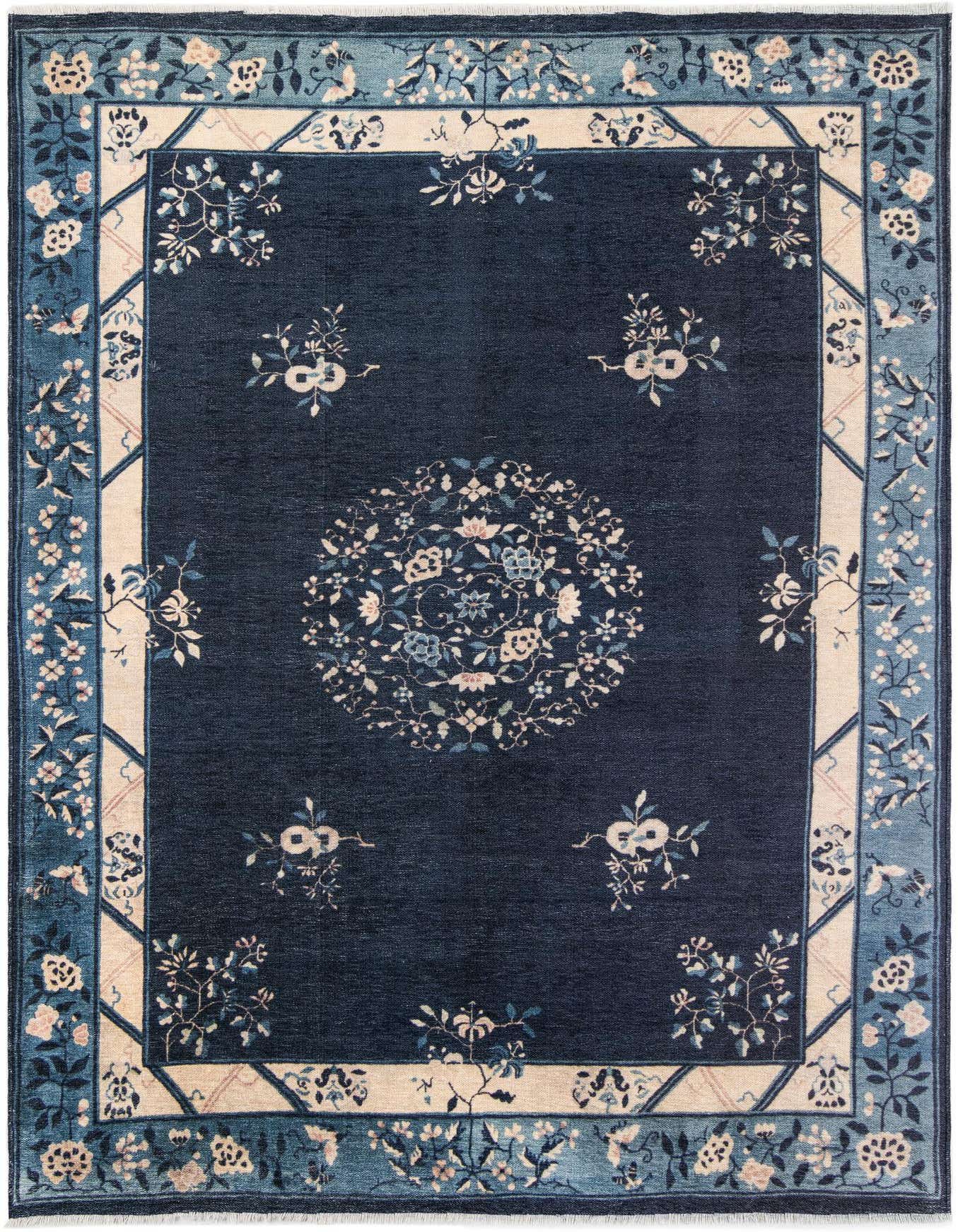 A 6x9 rectangular navy blue rug with a central medallion and floral motifs, framed by a light blue and cream border, showcasing a traditional Asian style.