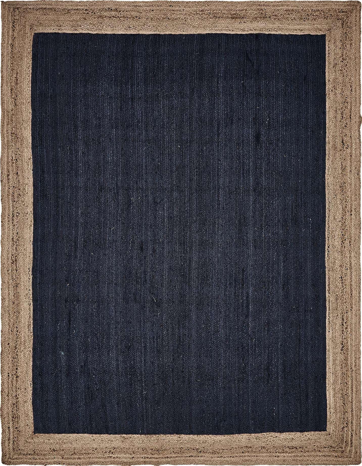 A 9x12 rectangular navy blue jute rug with a natural tan braided border, suitable for a living room.