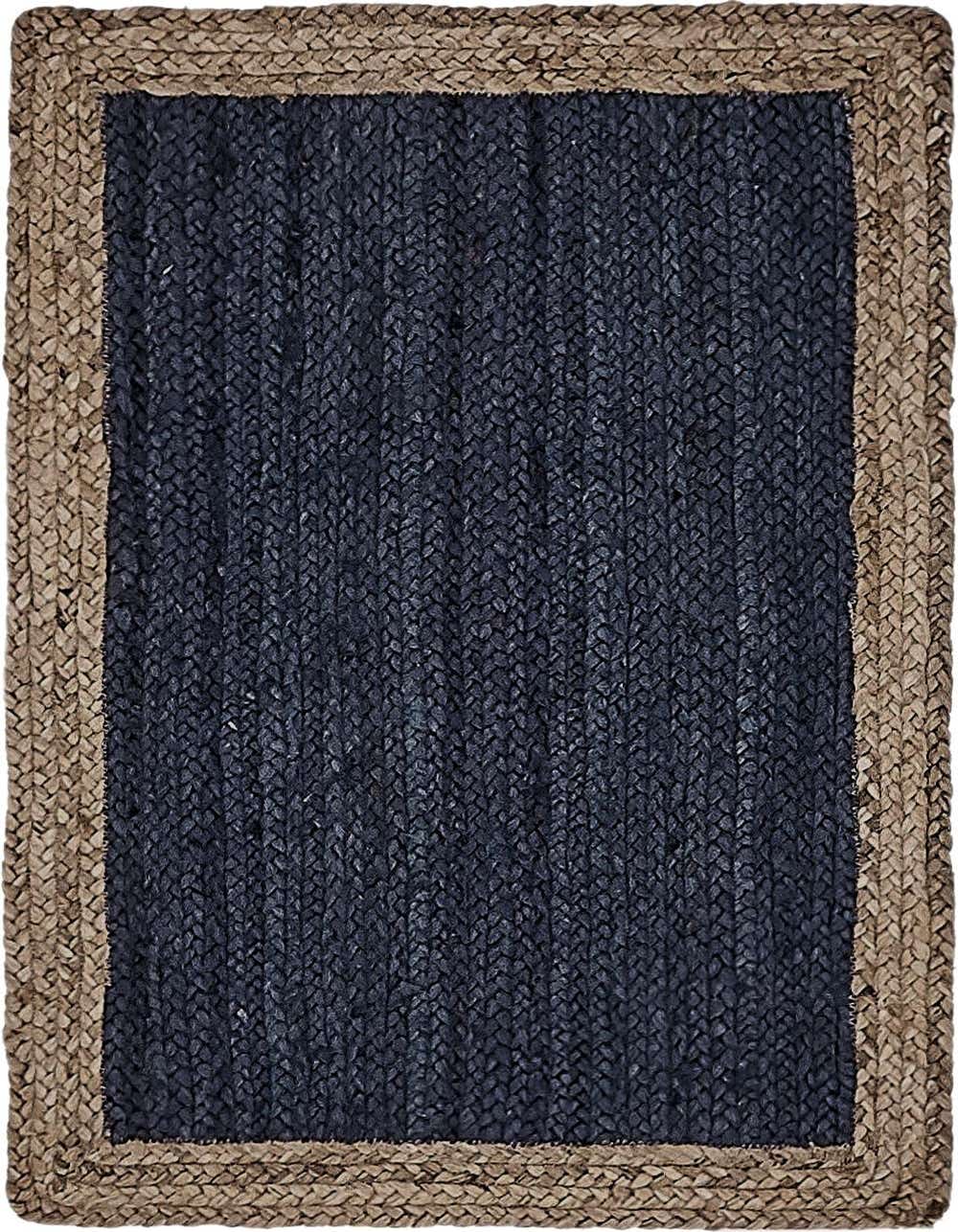 A 2x3 rectangular navy blue jute rug with a natural tan braided border, featuring a textured flatweave.