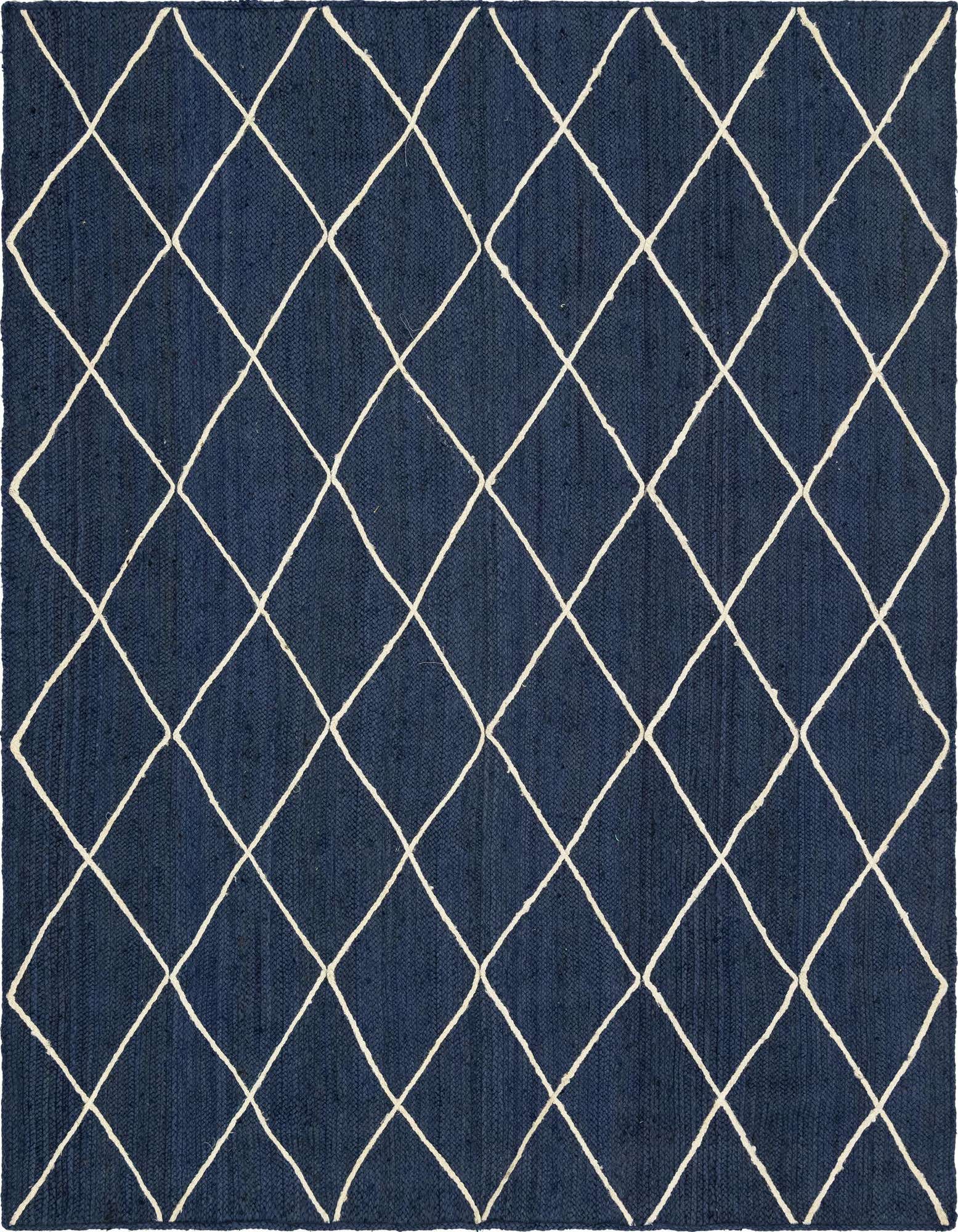 A rectangular 8x11 navy blue jute rug with a textured, flatweave surface and a simple white diamond pattern.