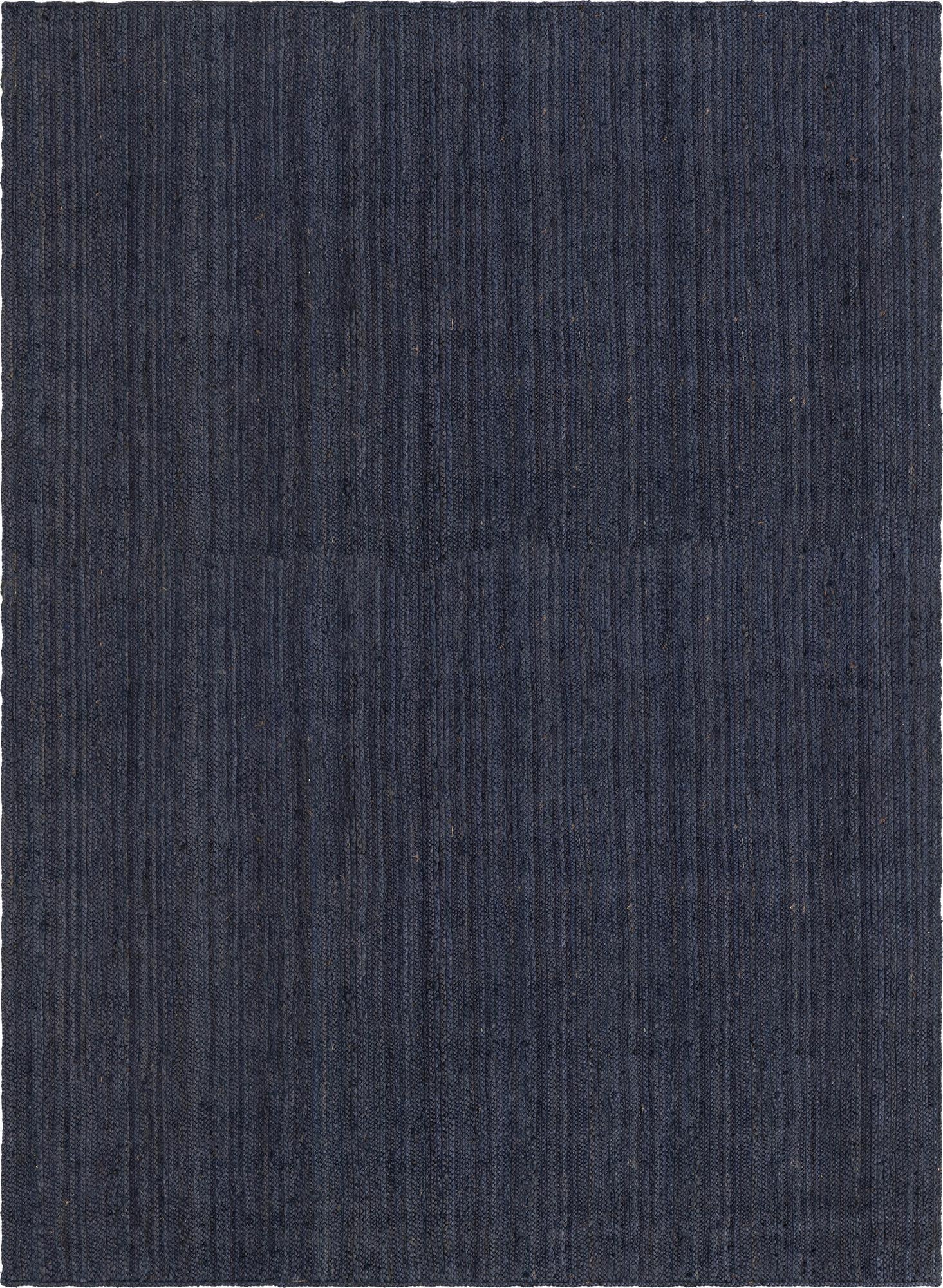 A large 12x16 rectangular navy blue jute area rug with a textured, flatweave construction, suitable for a living room or office.