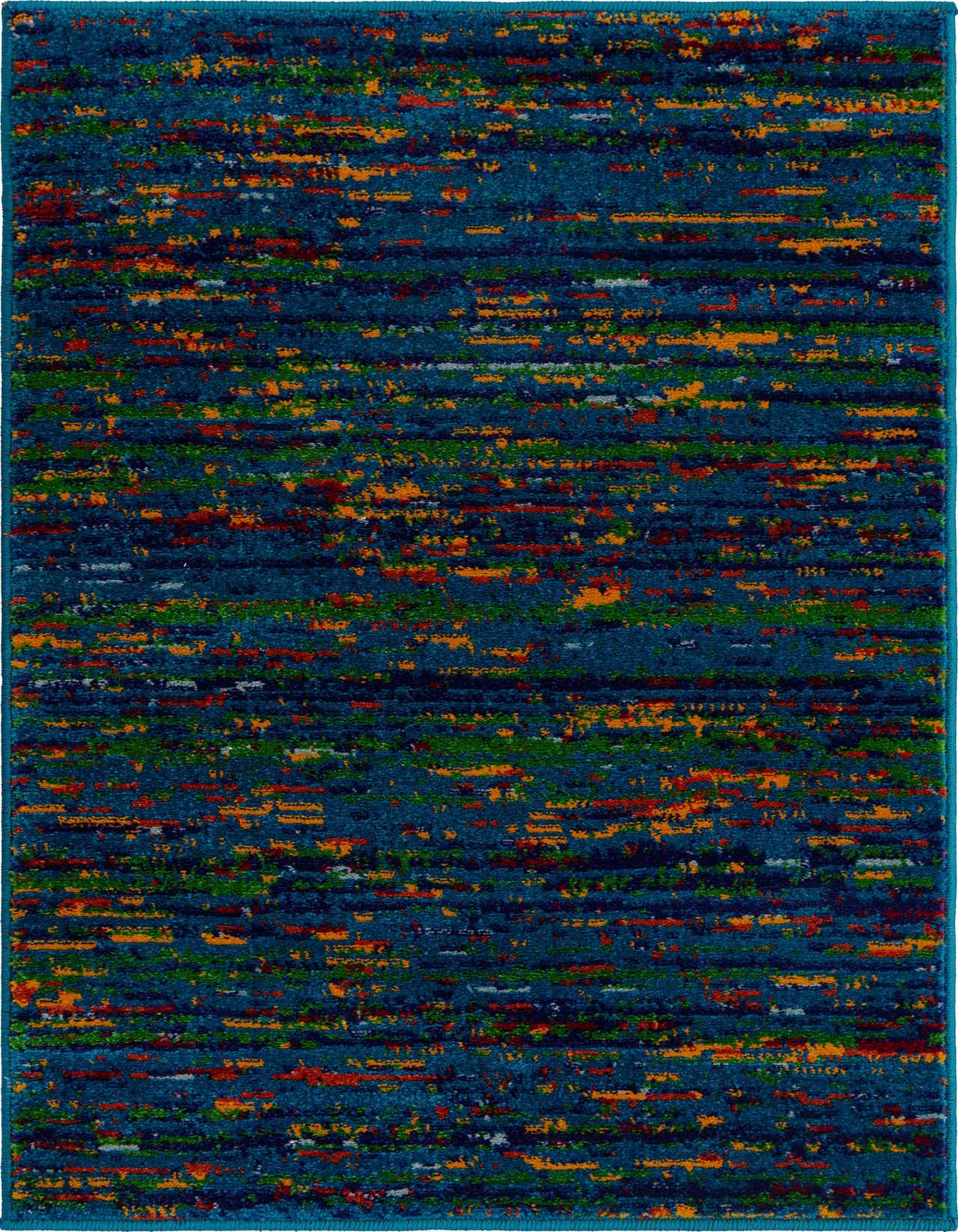A 2x3 rectangular Calypso rug with a modern, eclectic pattern in shades of blue, orange, green, and red.