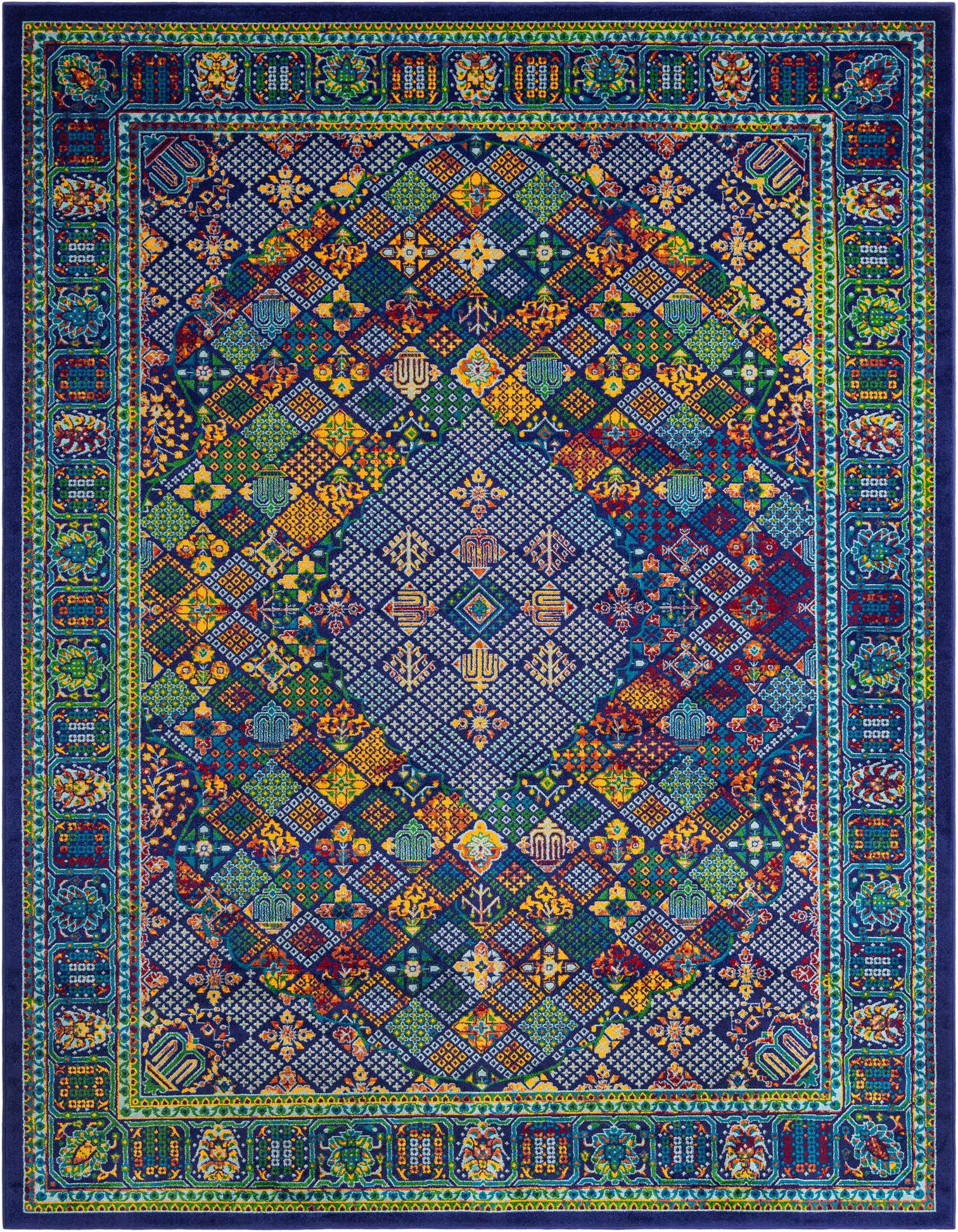 A 9x12 rectangular Calypso rug featuring a complex medallion and geometric pattern in vibrant blues, yellows, reds, and greens on a navy background.