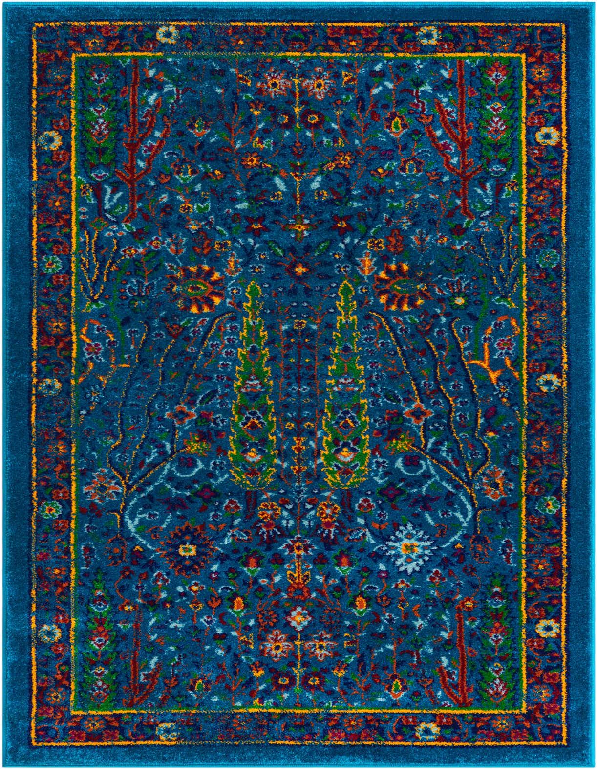 A 3x5 rectangular Calypso rug featuring a rich navy blue background with a vibrant, multicolored floral and botanical pattern, bordered by warm gold and red accents.