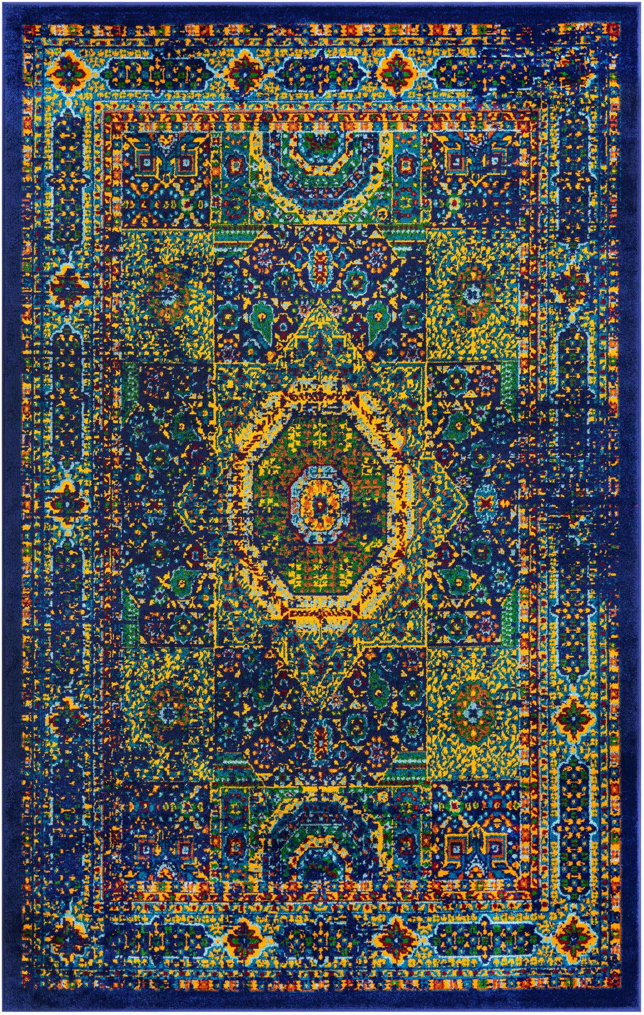 A vibrant 8x10 rectangular Calypso rug featuring an abstract pattern in various shades of blue and yellow, with hints of green and red.