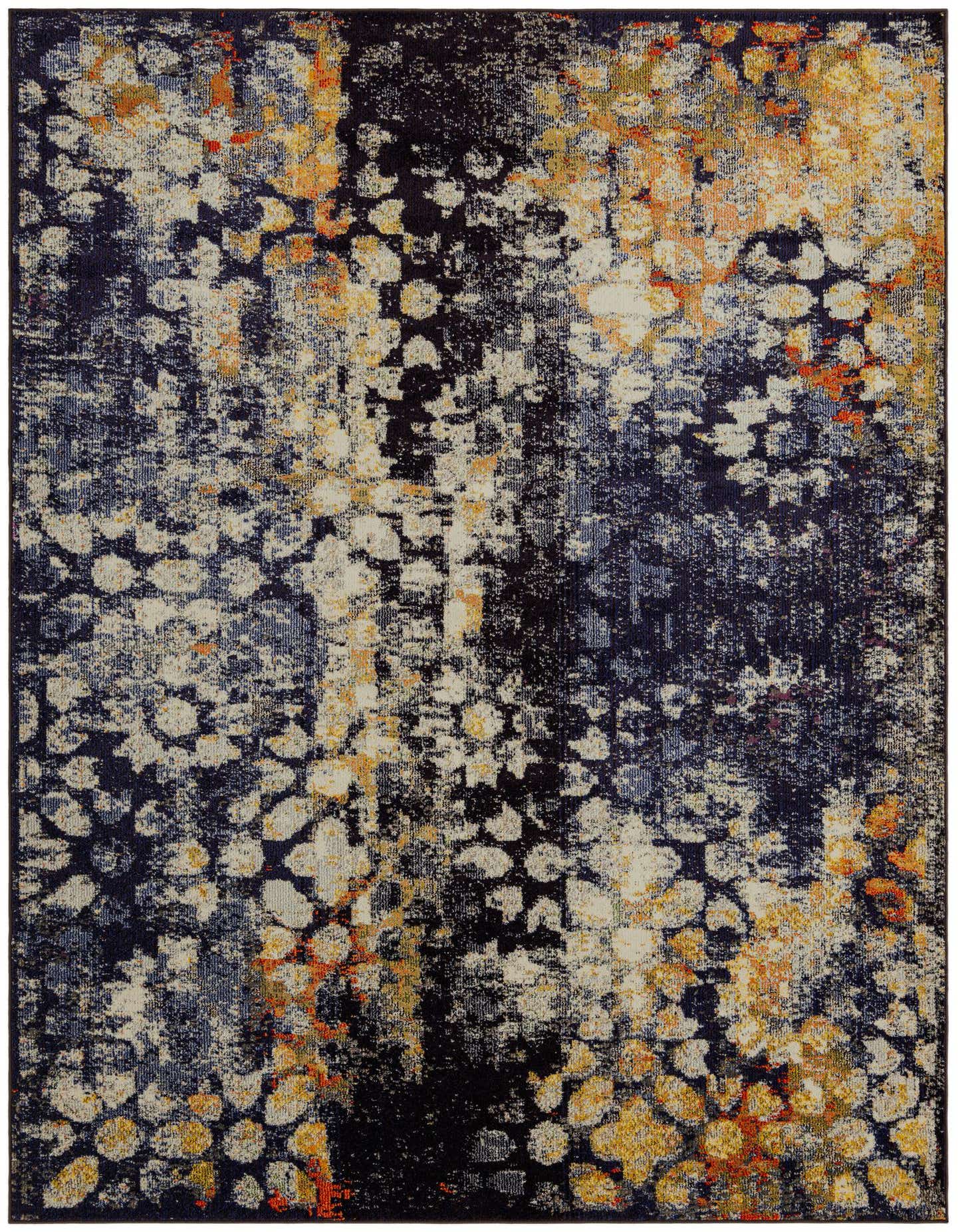 A 7x10 rectangular Carnevale rug featuring an abstract, distressed pattern in shades of navy blue, cream, gold, and hints of orange.