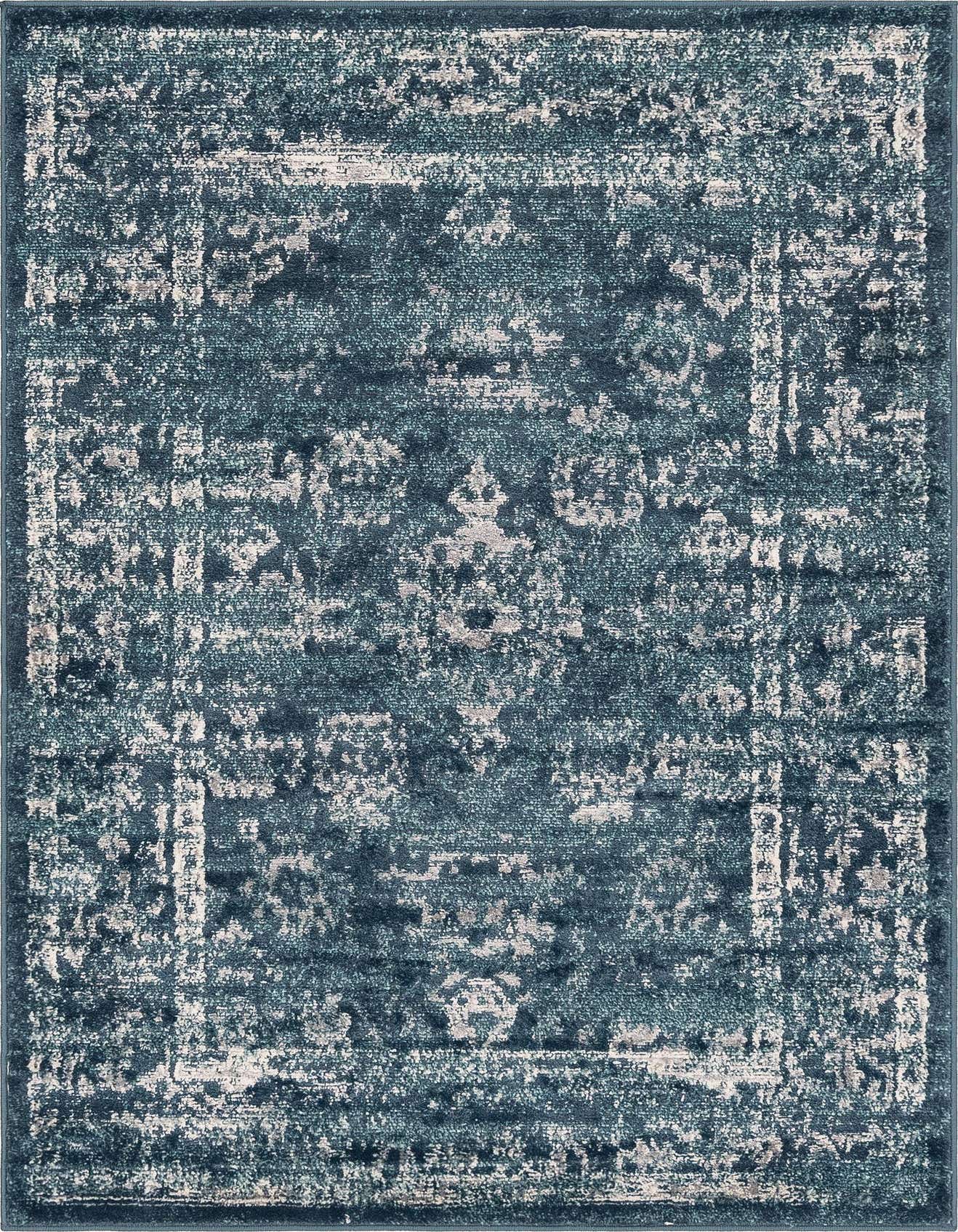 A 4x6 rectangular Charleston collection rug featuring a distressed traditional medallion pattern in varying shades of navy blue and light blue.