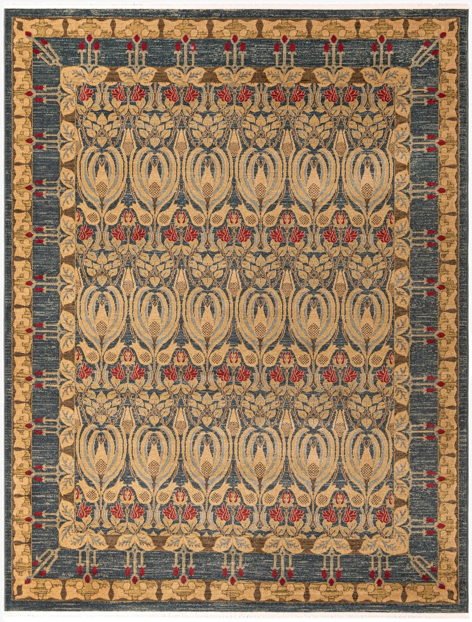 An 8x10 rectangular Chelsea rug featuring a botanical pattern in shades of blue, gold, and red, ideal for a living room.